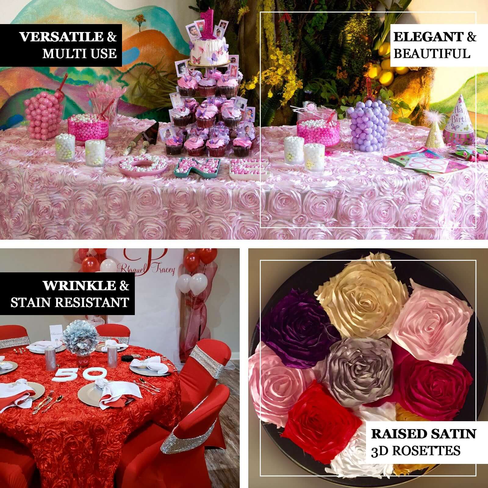 Hot Sale! Seamless 3D Rosette Ivory Satin 132 - inch Round Tablecloth for Special Events