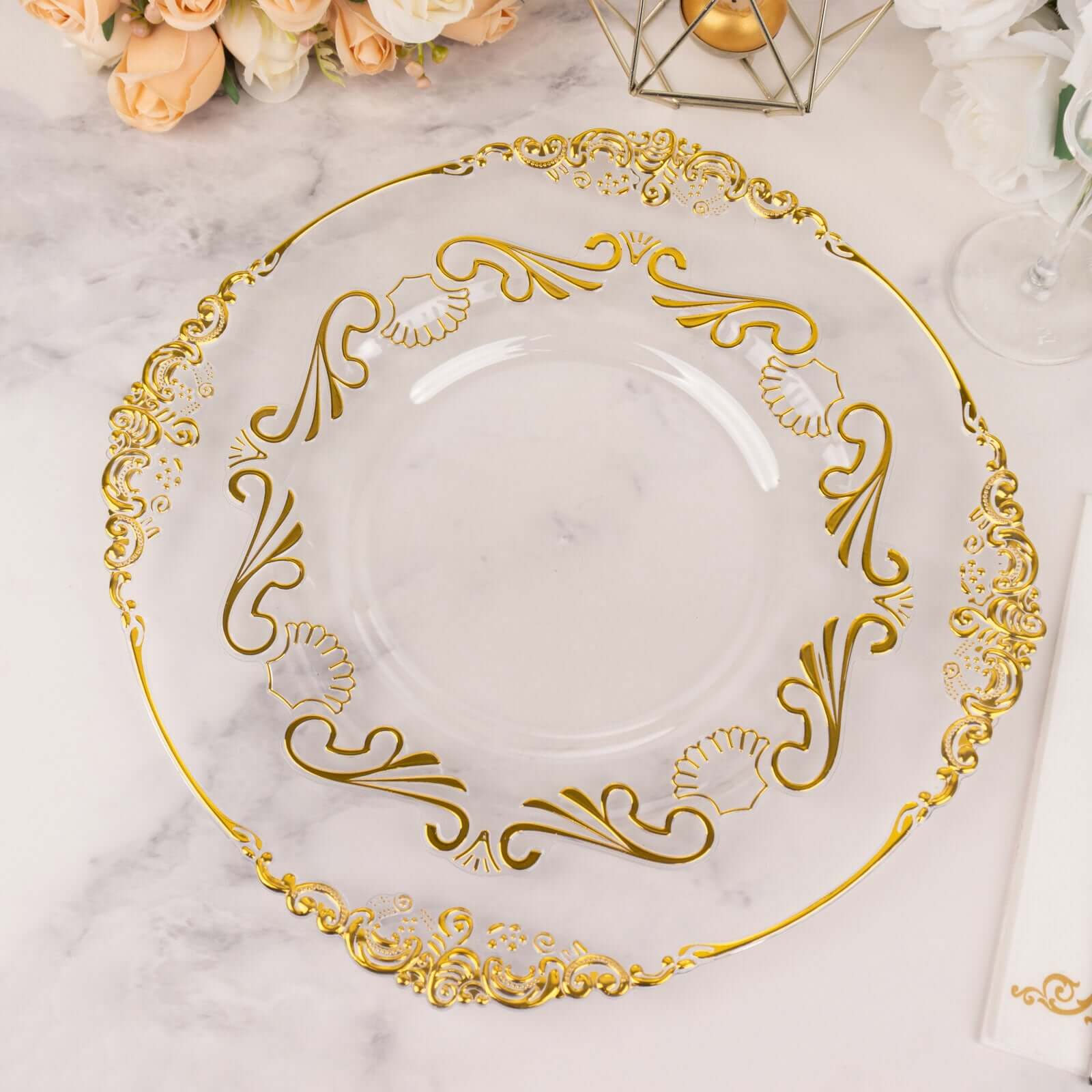 10-Pack Clear Plastic Round Dinner Plates with Gold Vintage Baroque Scalloped Rim - Ideal for Parties
