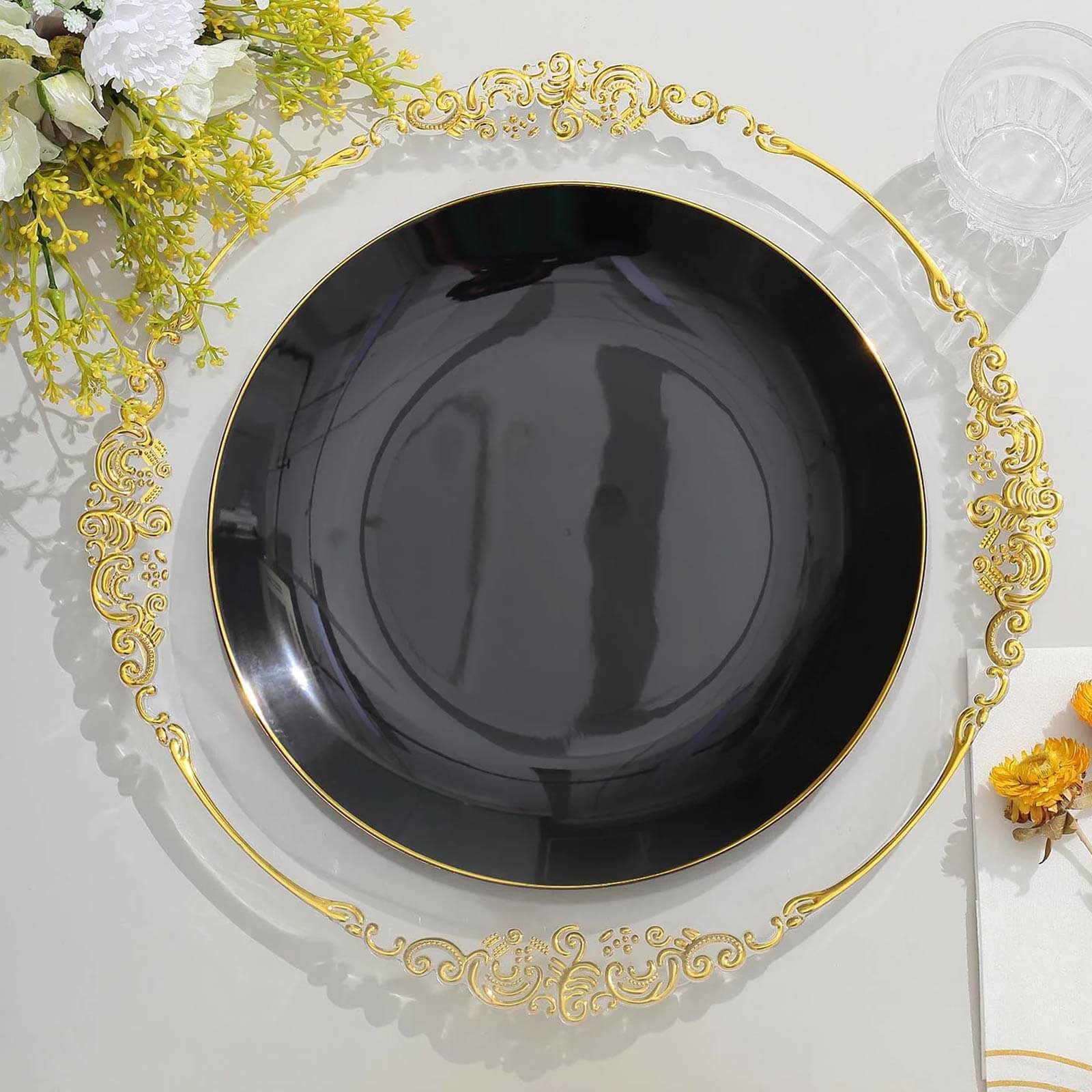 10-Piece Set of Glossy Black Plastic Dinner Plates with Gold Rim for Disposable Parties