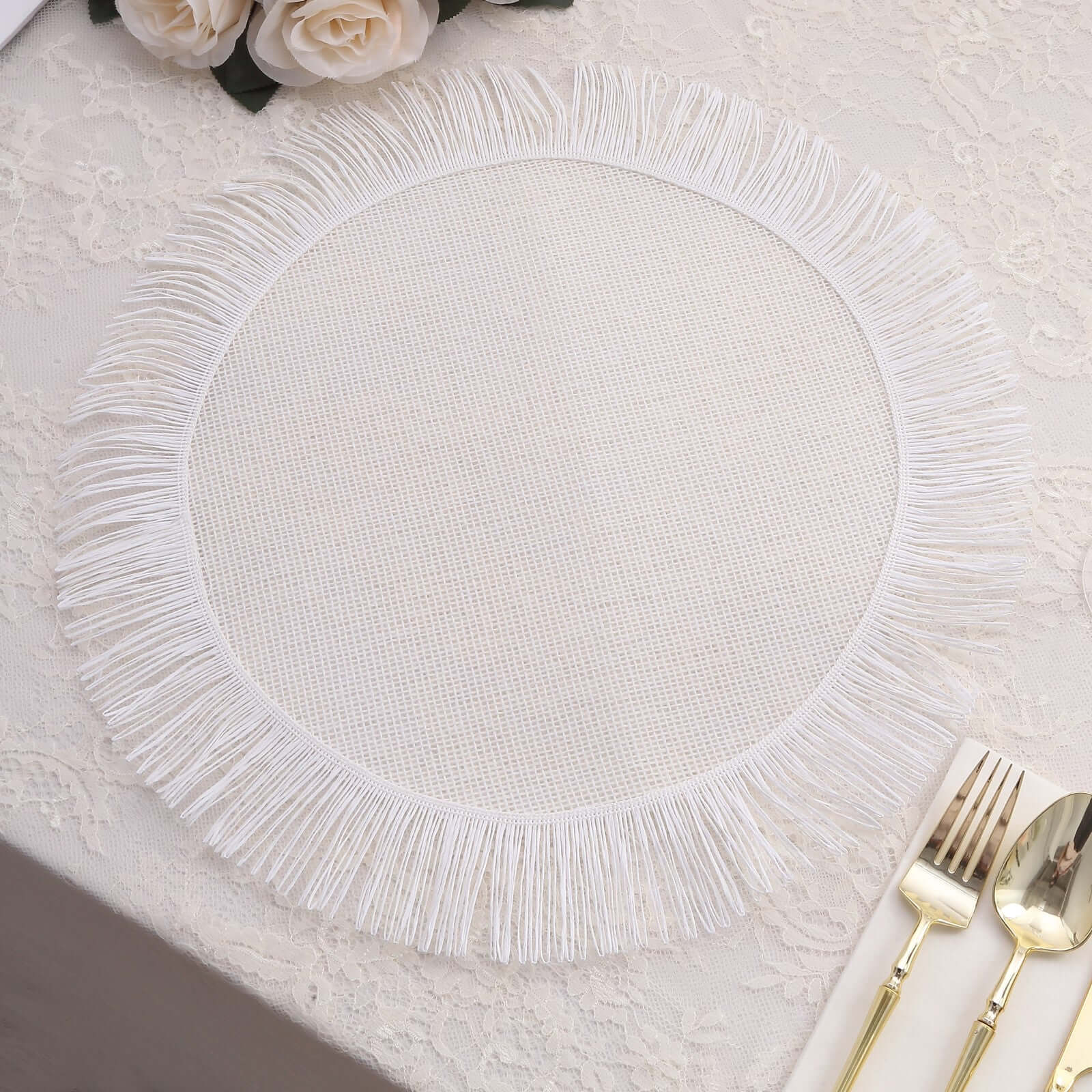 Hot Deal! 4-Pack White Jute Round Placemats with Fringe Edge - Rustic Boho Chic Table Decor