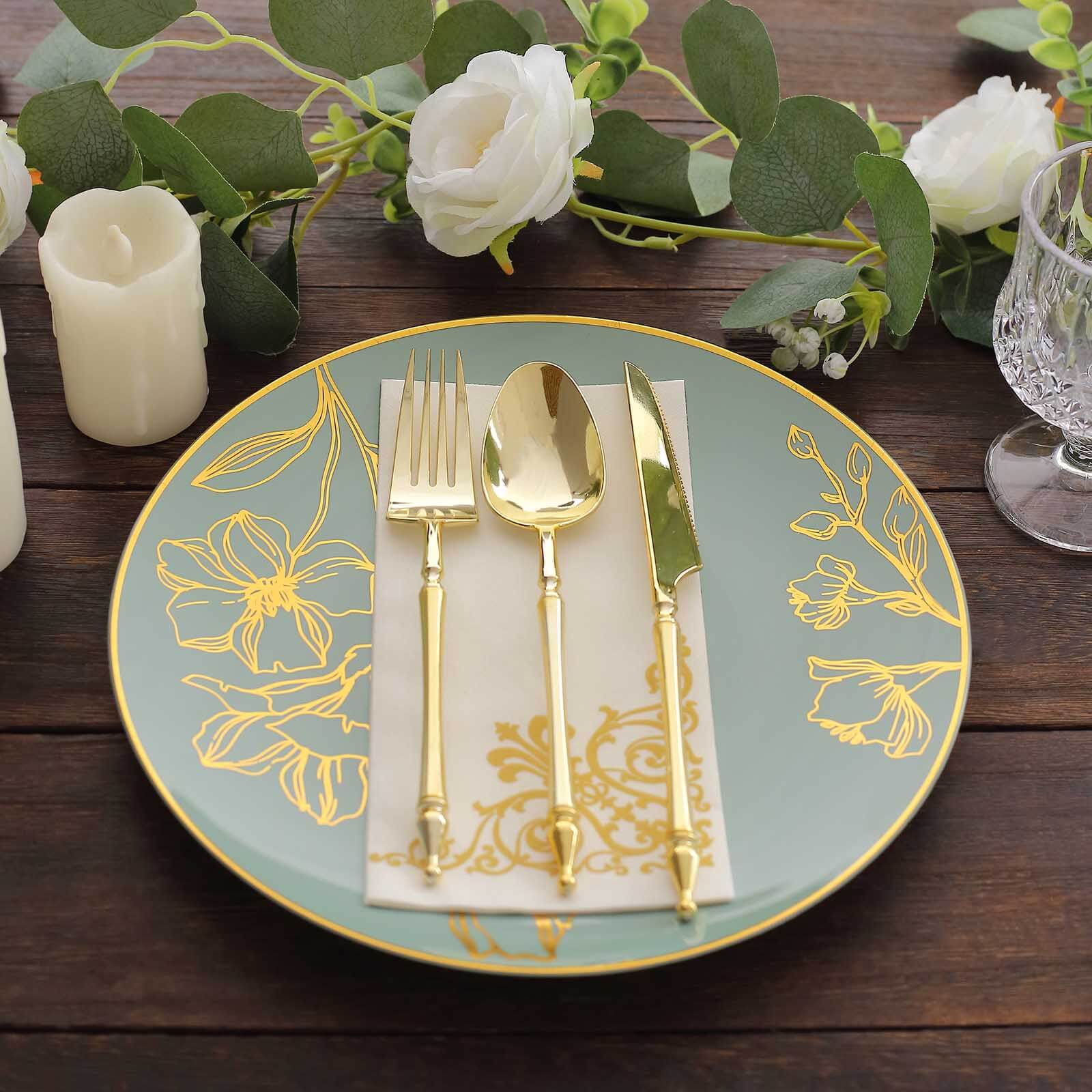 20-Piece Set of Disposable Plastic Dinner and Dessert Plates in Dusty Sage Green with Gold Floral Design