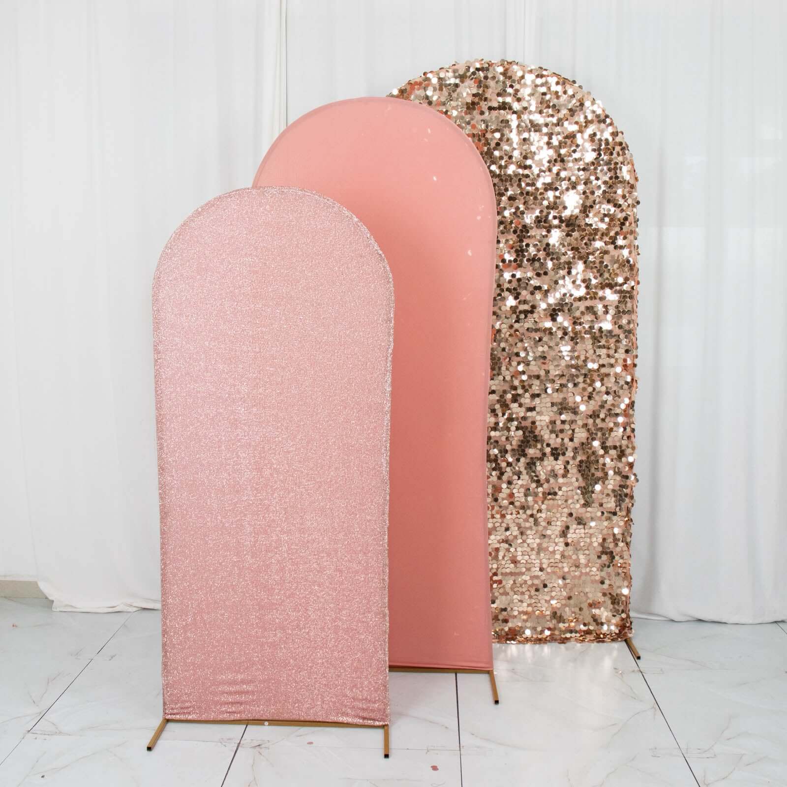 3-Piece Rose Gold Wedding Arch Frame Covers: Sequin, Tinsel & Spandex