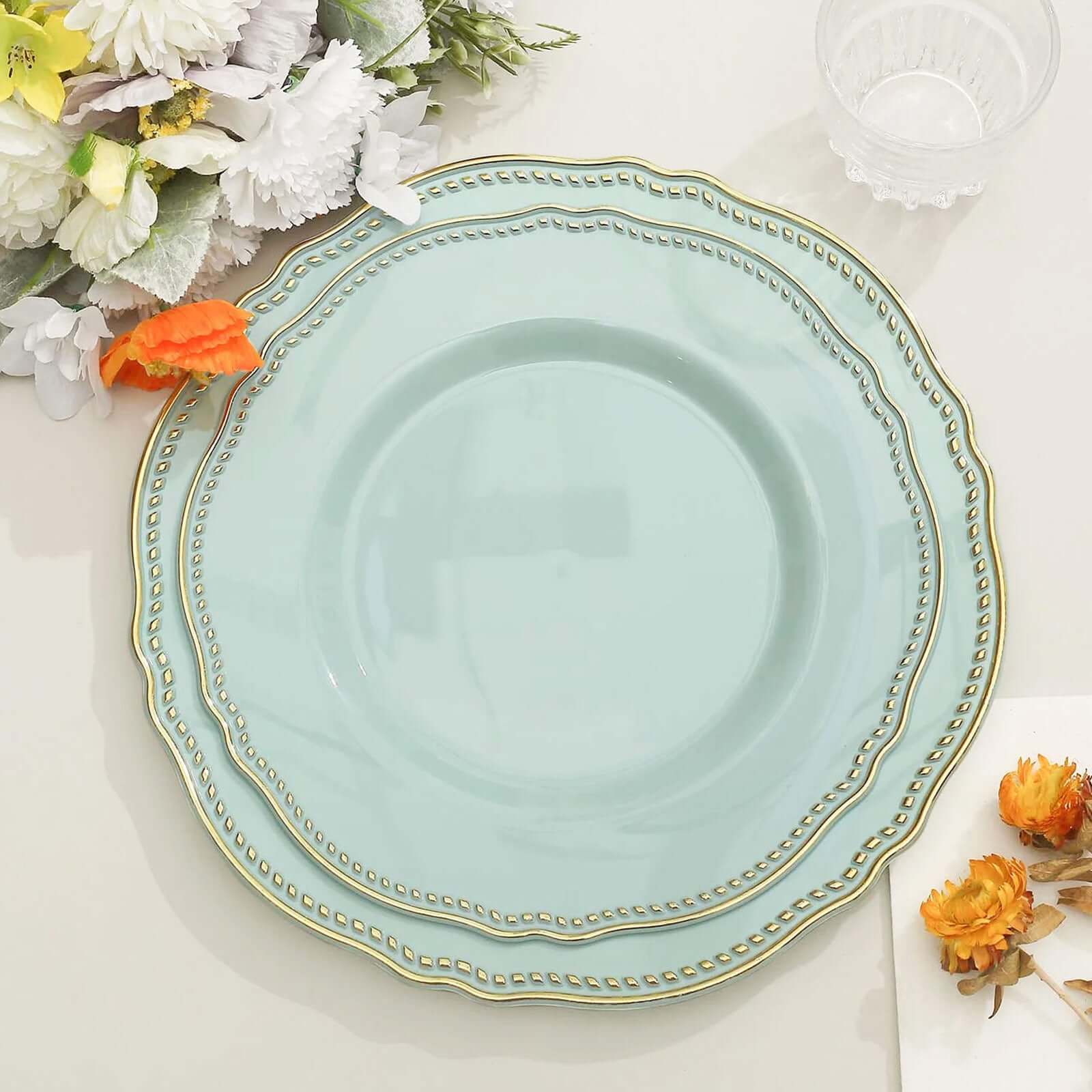 10-Pack Disposable Jade Plastic Dinner Plates with Gold Scalloped Rim - 9 Inches