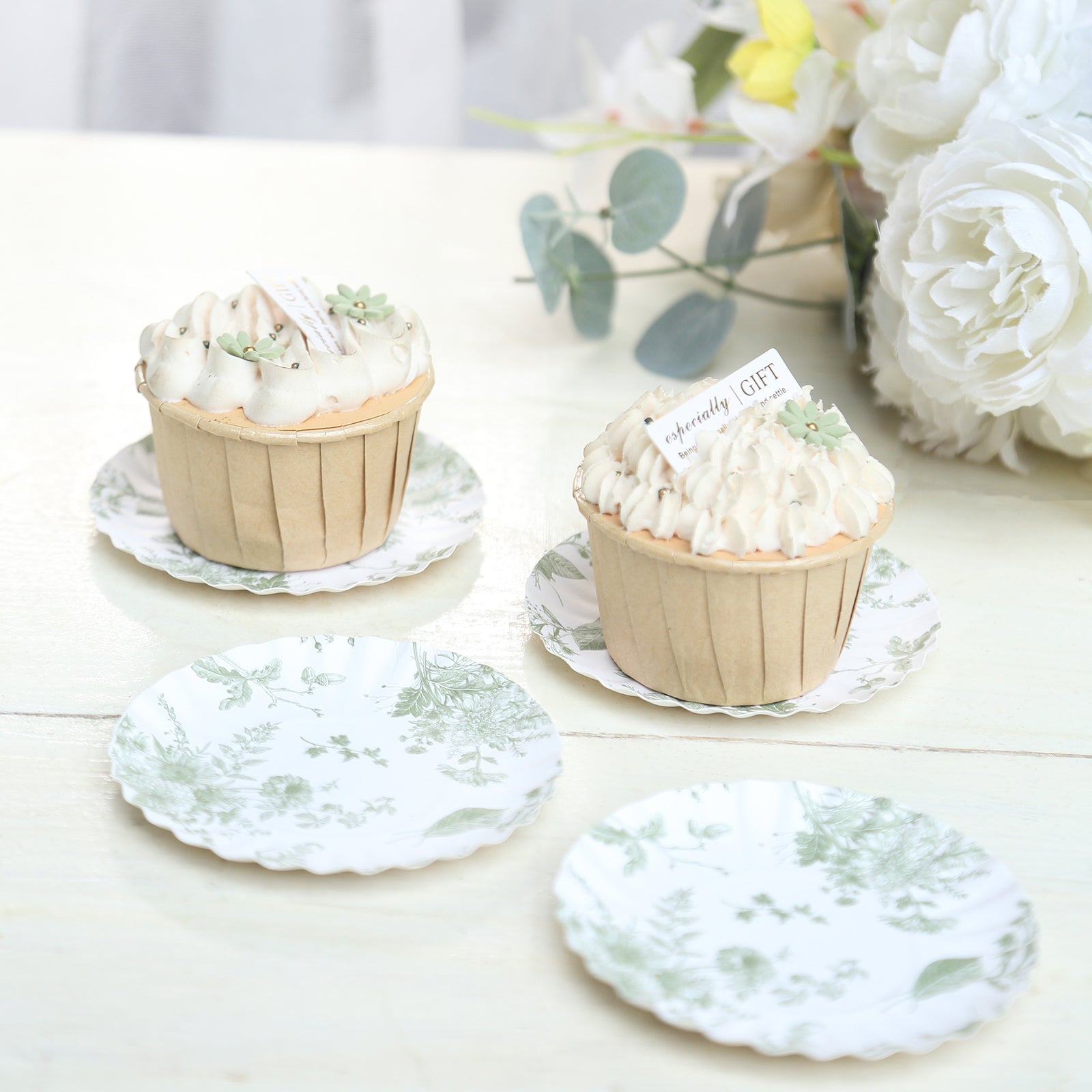 100-Pack Disposable White & Sage Green French Toile Mini Round Dessert Plates for Party