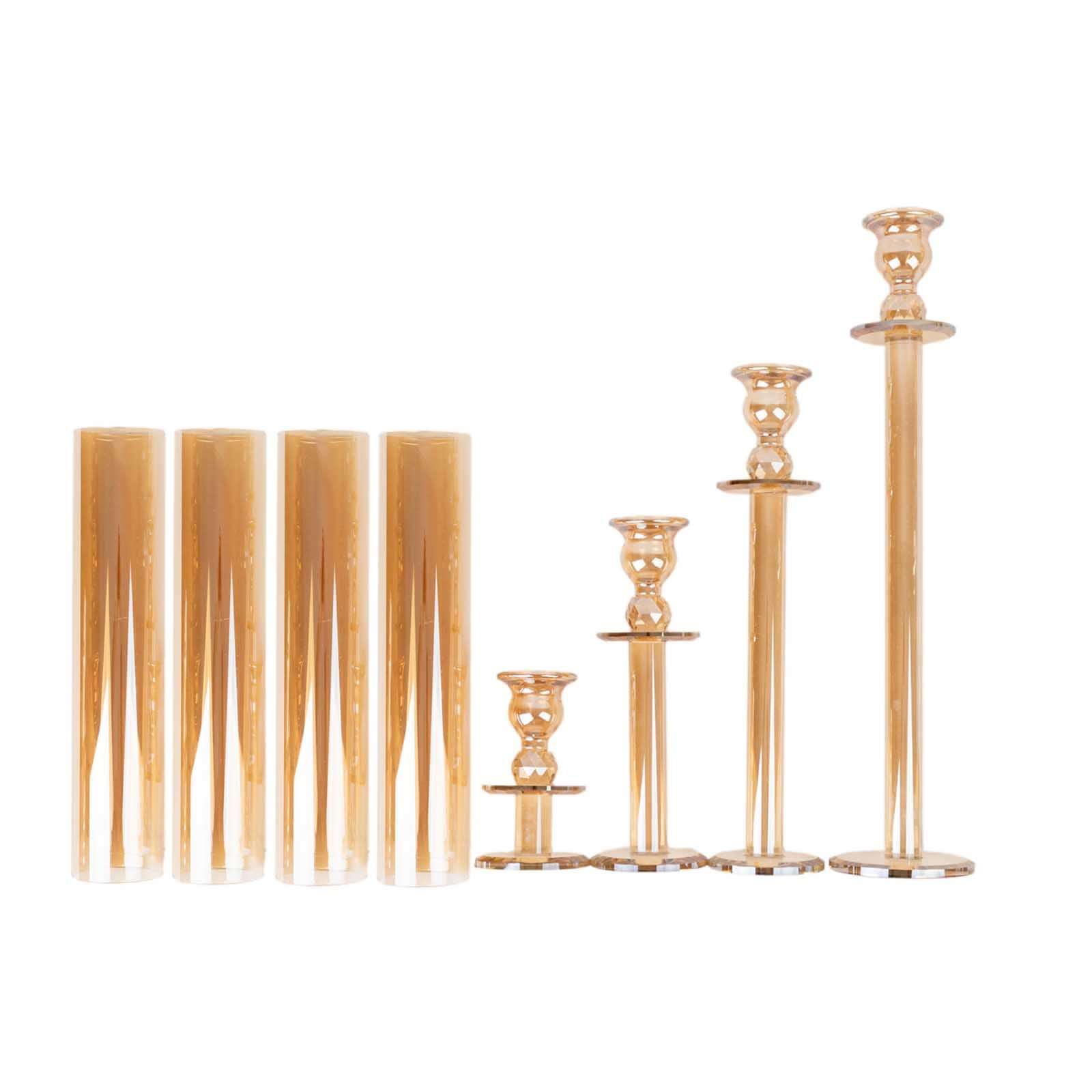 4-Piece Set of Gold Crystal Glass Hurricane Taper Candle Holders - Assorted Sizes