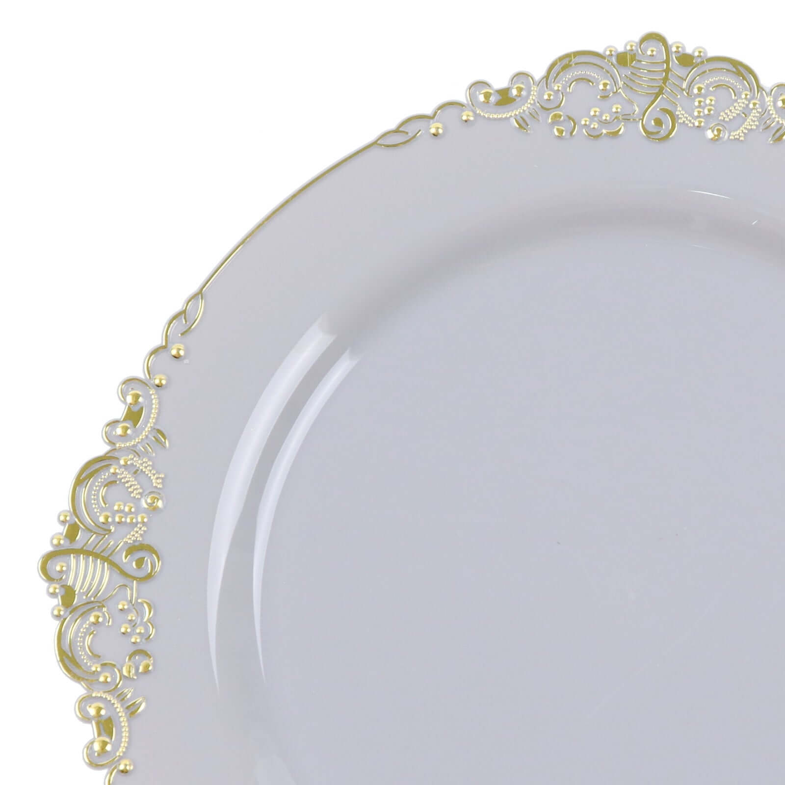 10-Piece Disposable Gray Plastic Round Dinner Plates with Gold Leaf Embossed Rim in Vintage Baroque Style