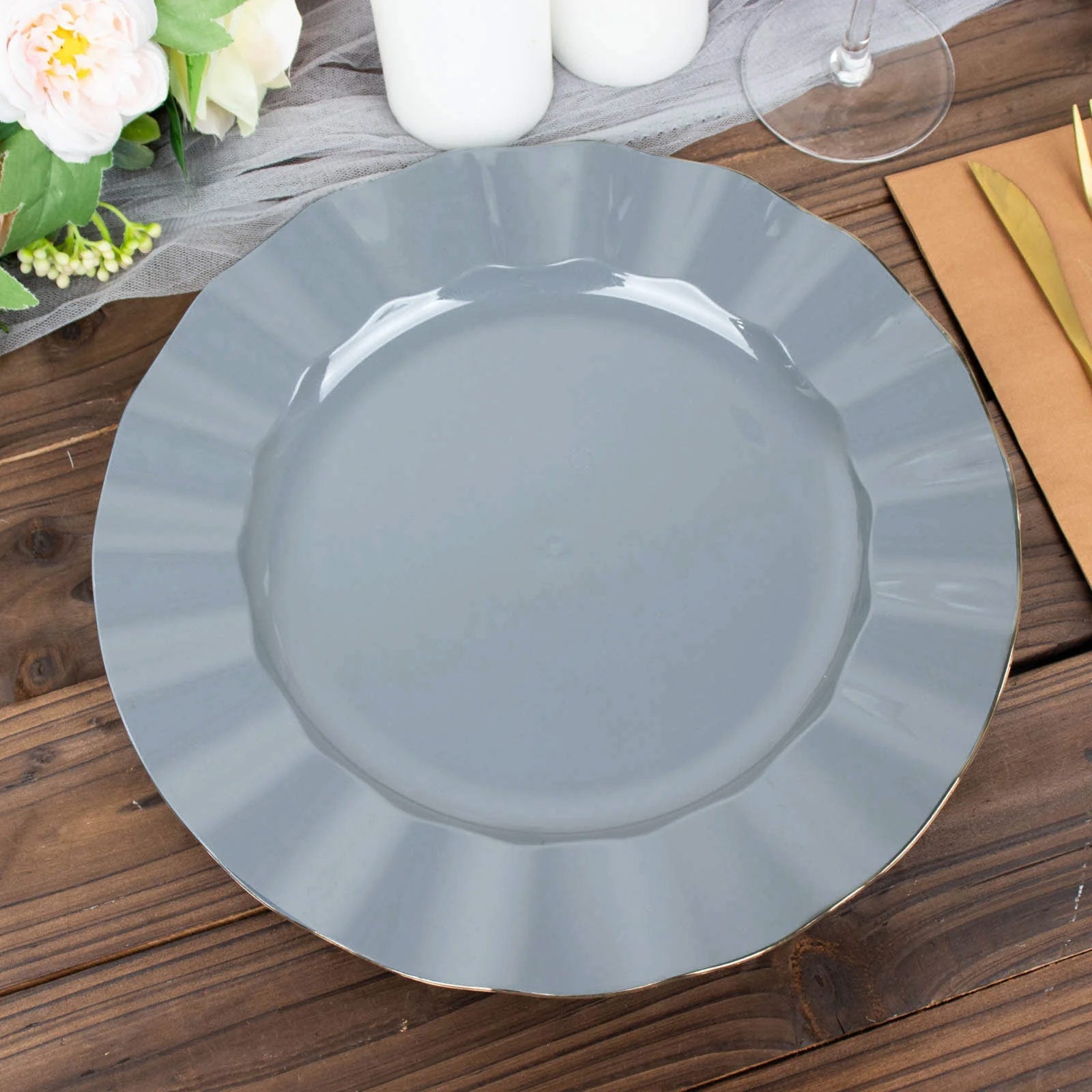 10-Pack Sturdy Disposable 11" Round Dusty Blue Dinner Plates with Gold Ruffled Edging
