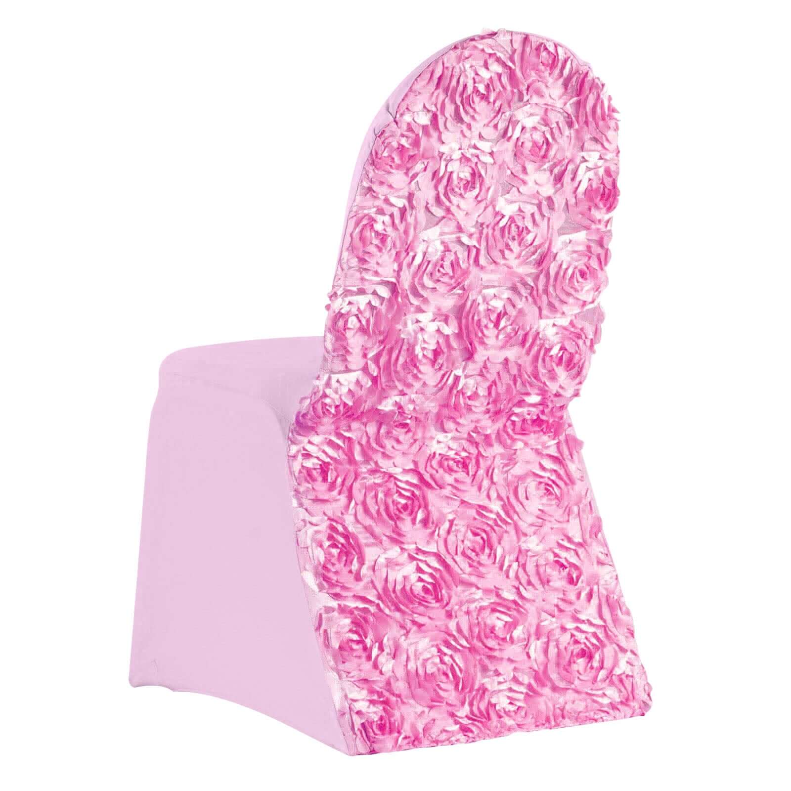 Hot Sale! Pink Stretch Fitted Satin Rosette Slip-On Chair Cover for Banquet Chairs