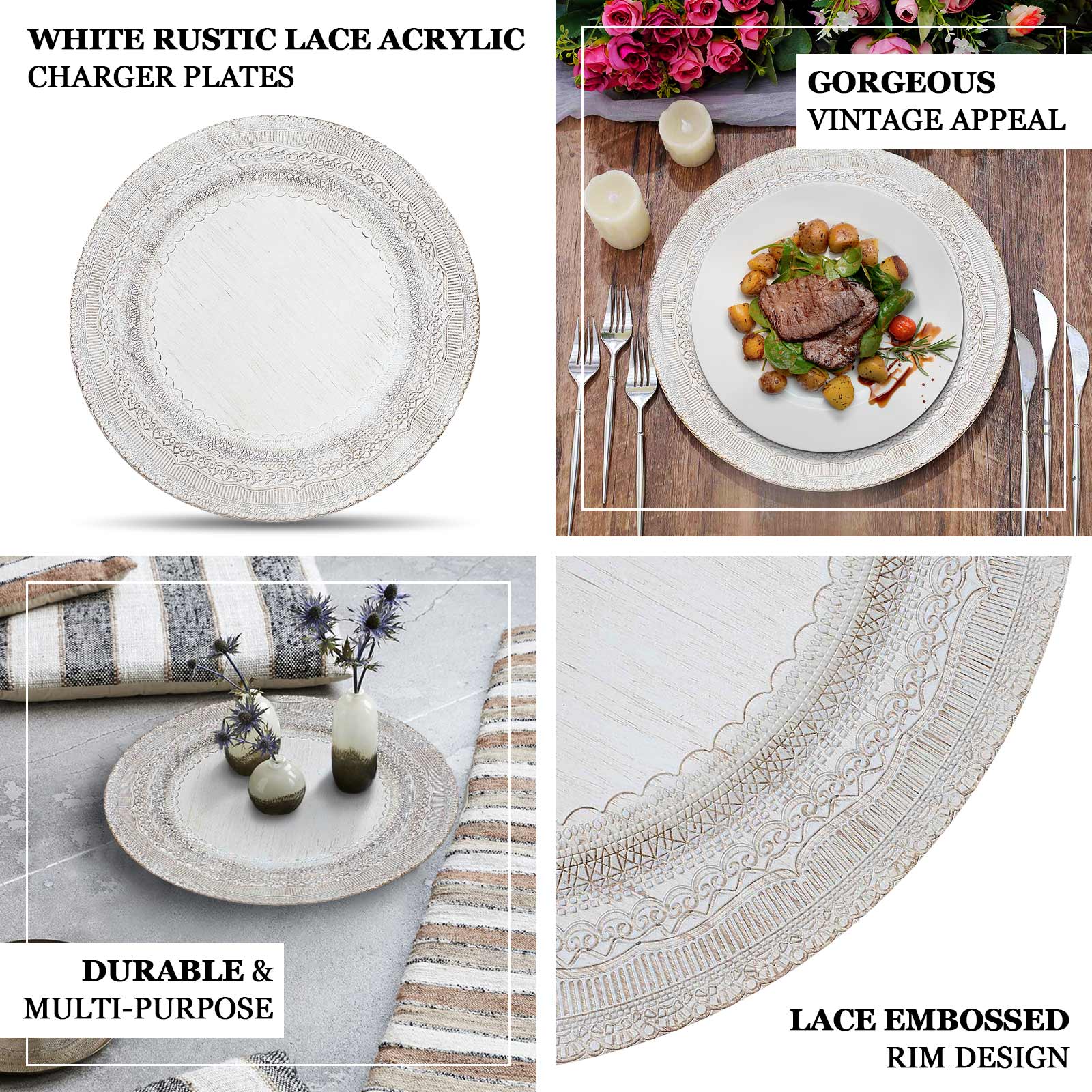 Hot Sale! 6-Pack 13-inch Rose Gold Acrylic Charger Plates with Lace-Embossed Rim for Table Decor