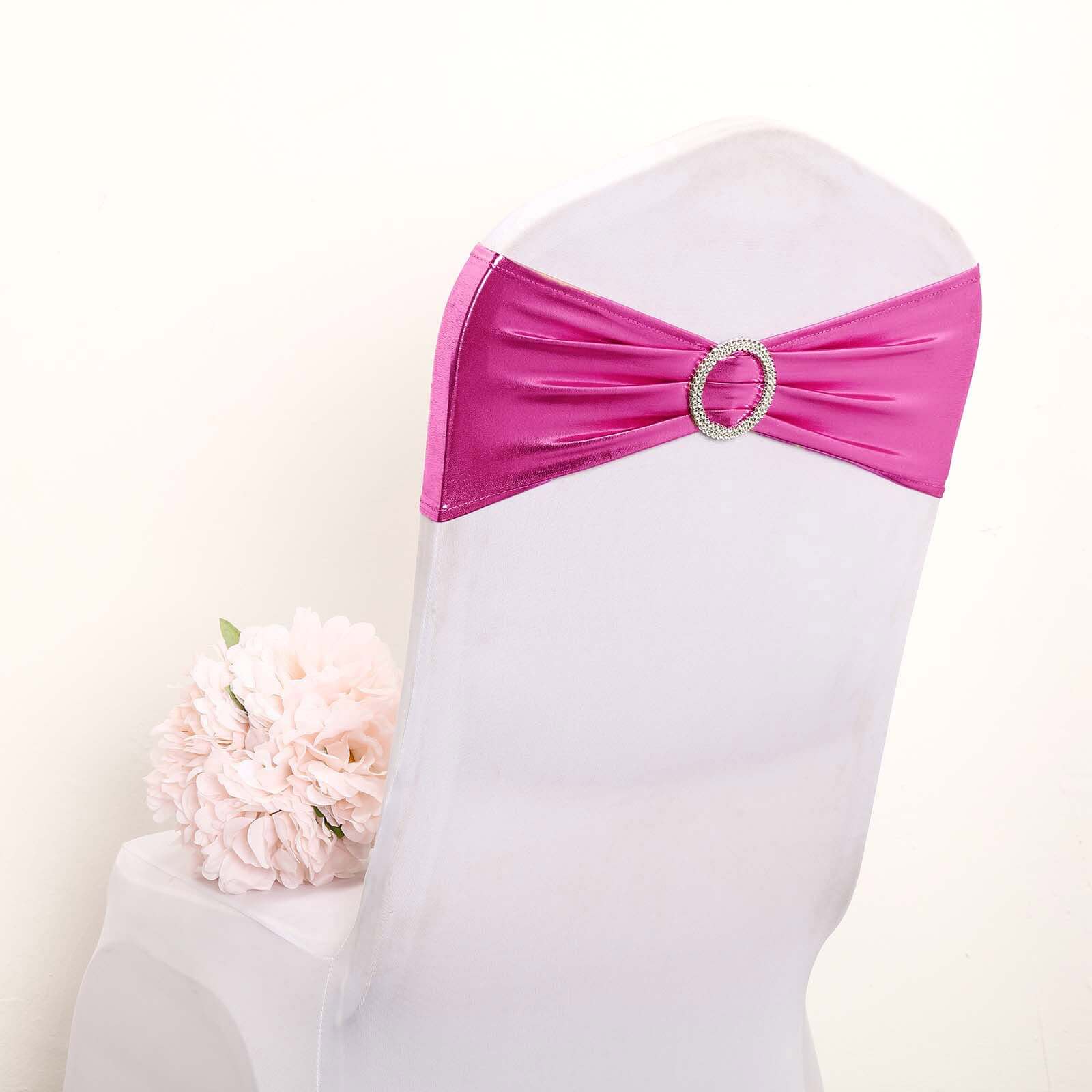Hot Deal! 5-Piece Set of Fuchsia Metallic Spandex Chair Sashes with Round Diamond Plastic Buckles