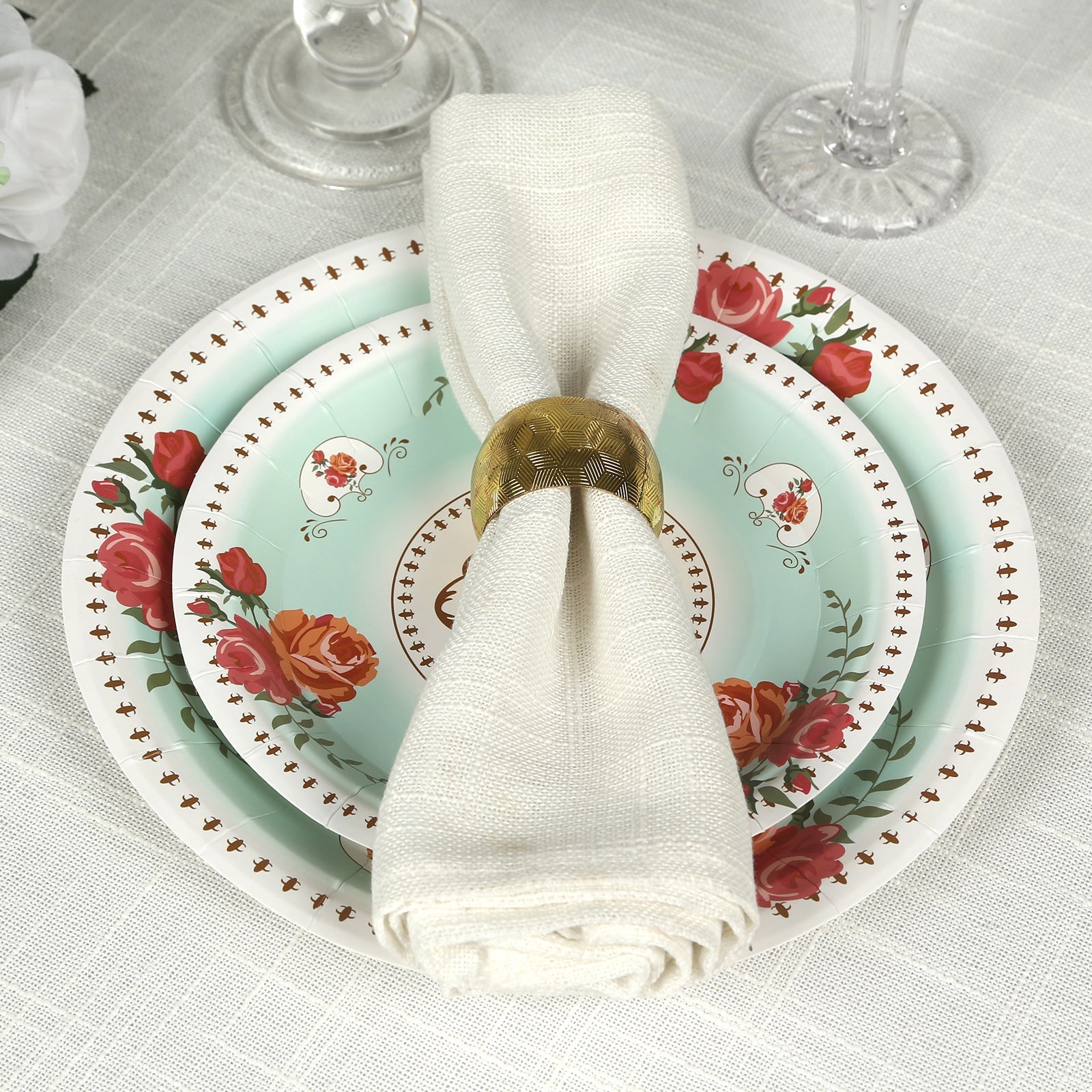 25-Pack 7-Inch Turquoise Vintage Rose Print Disposable Dessert Plates - Ideal for Events