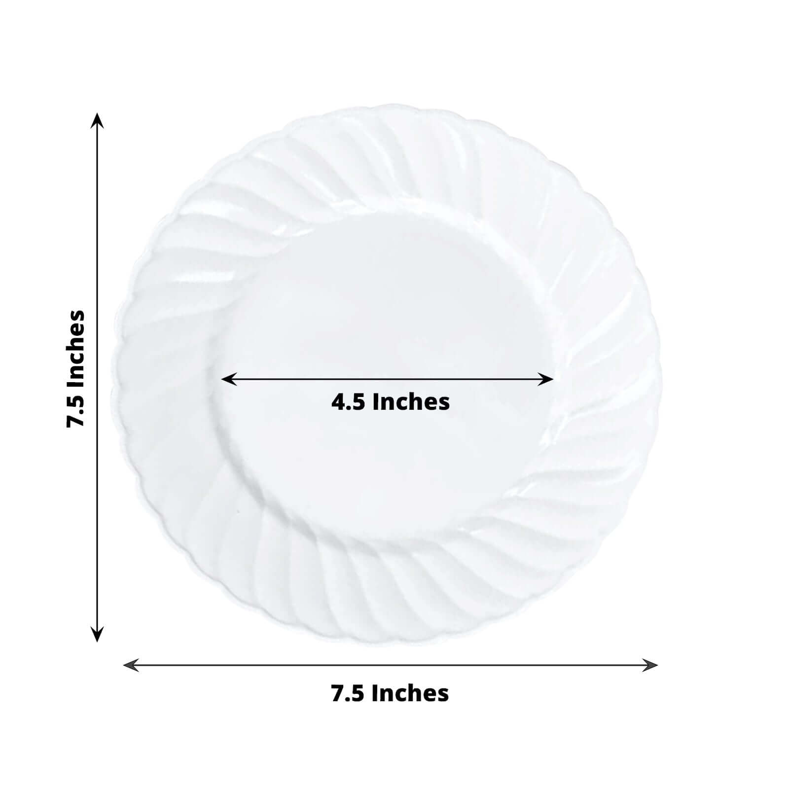 12-Piece Set of Sturdy White Plastic Dessert Plates with Flair Rim, 7.5 Inches