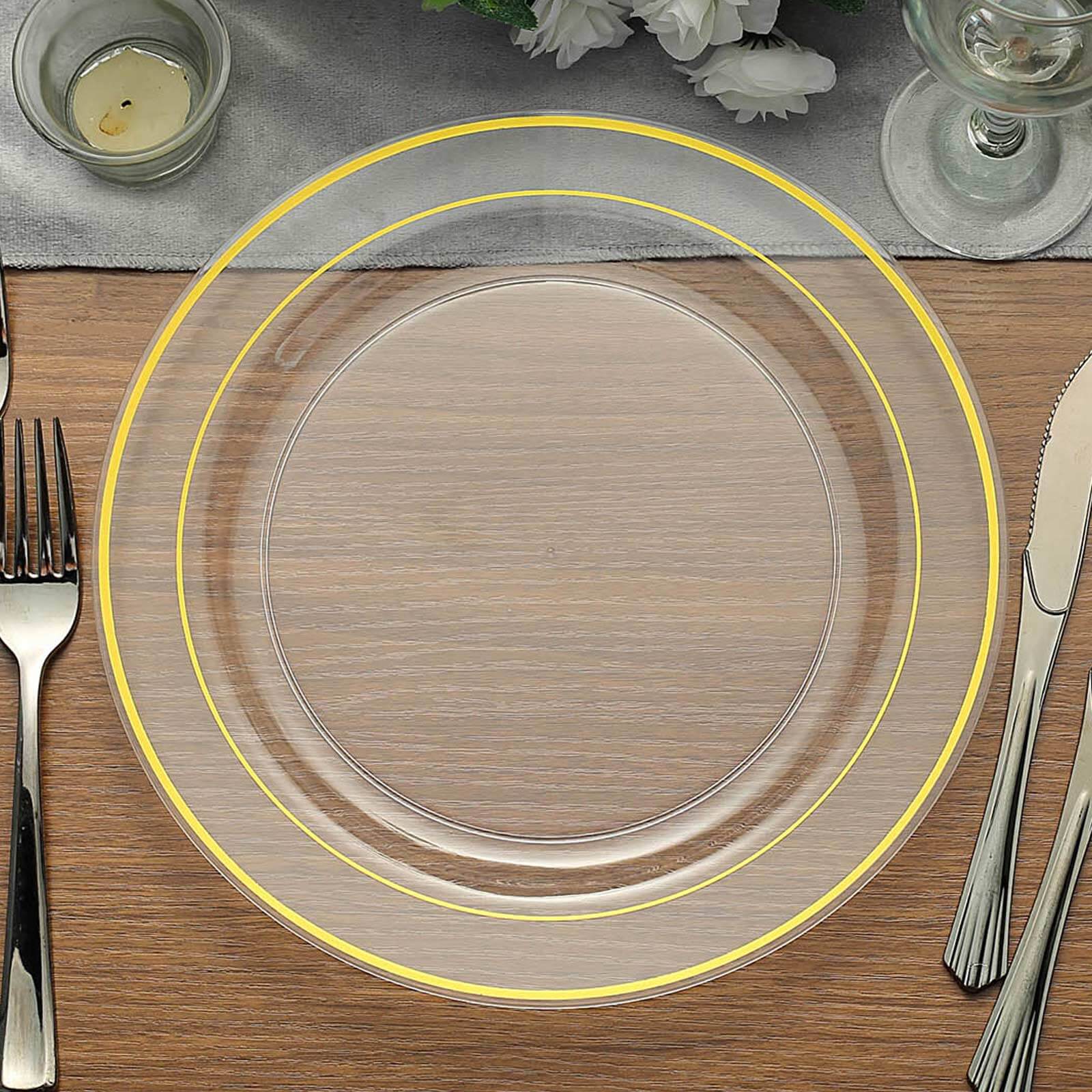 Hot Deal! 10-Pack of Clear Plastic Dinner Plates with Elegant Gold Rim - Ideal Disposable Party Plates (10-inch)