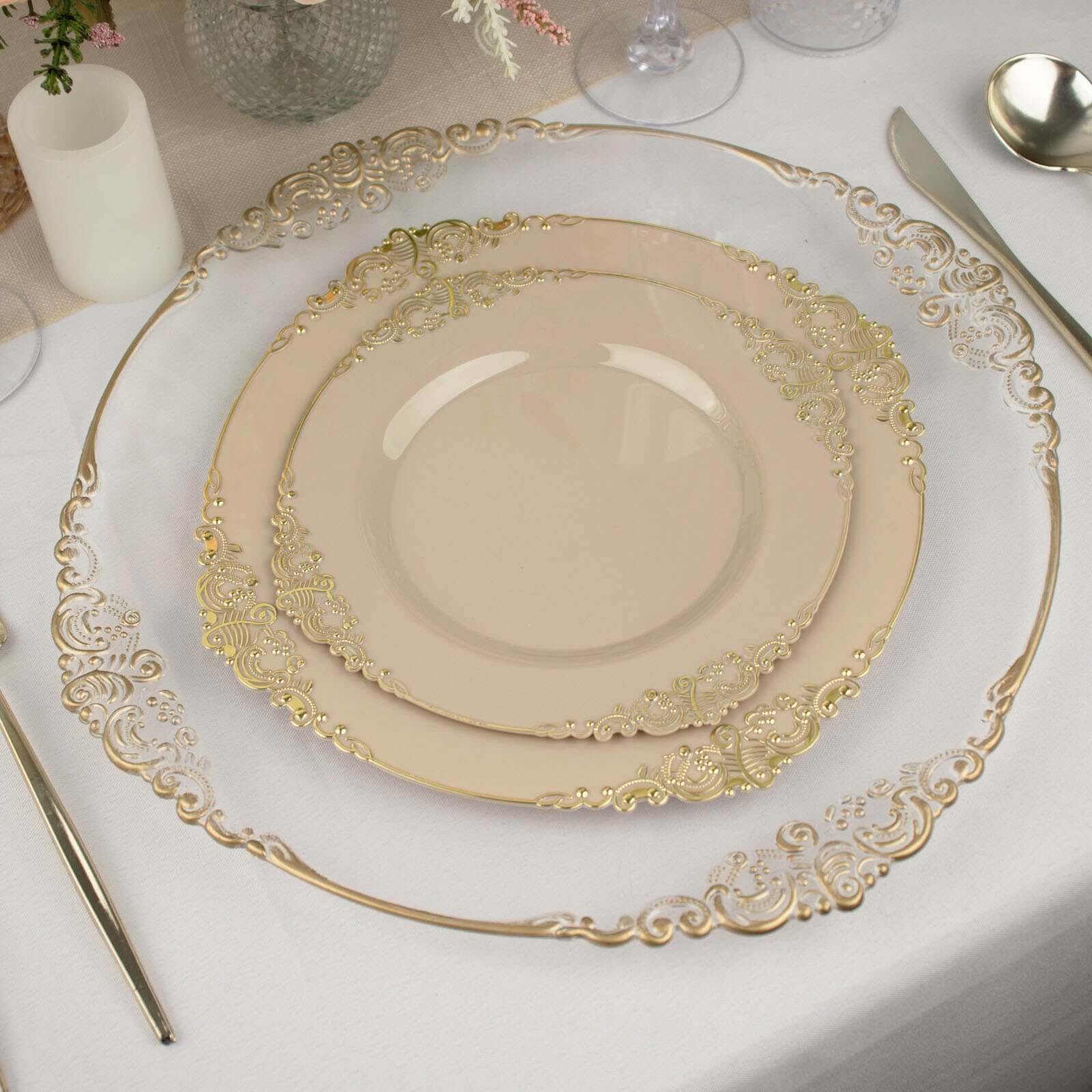 10-Pack Disposable Taupe Plastic Round Dessert Plates with Gold Leaf Embossed Rim - Vintage Baroque Style