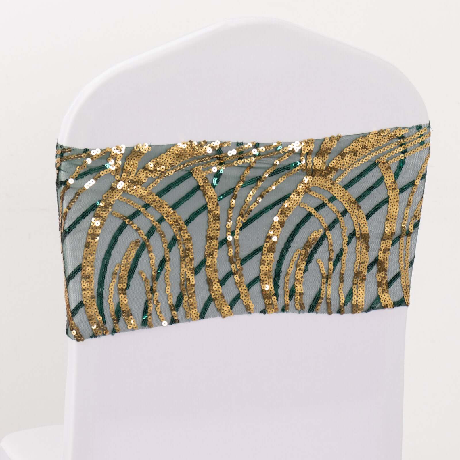 Hot Deal! 5-Pack Hunter Emerald Green/Gold Chair Sash Bands with Wave Embroidered Sequins