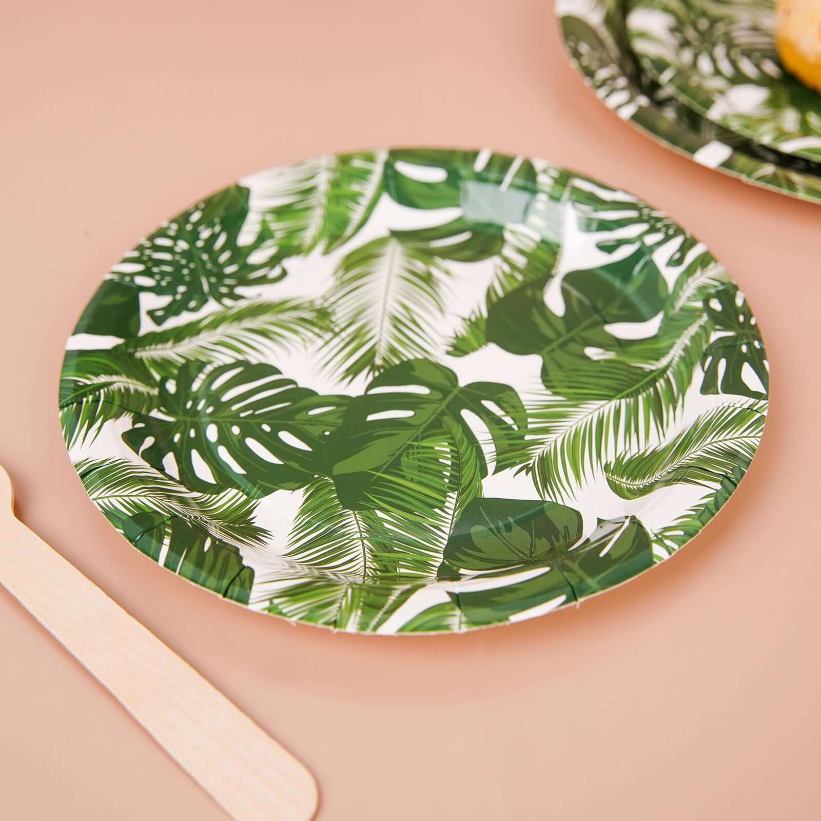 25-Pack Disposable 7-Inch White Paper Dessert Plates with Tropical Palm Leaf Design for Boho & Jungle Themed Parties