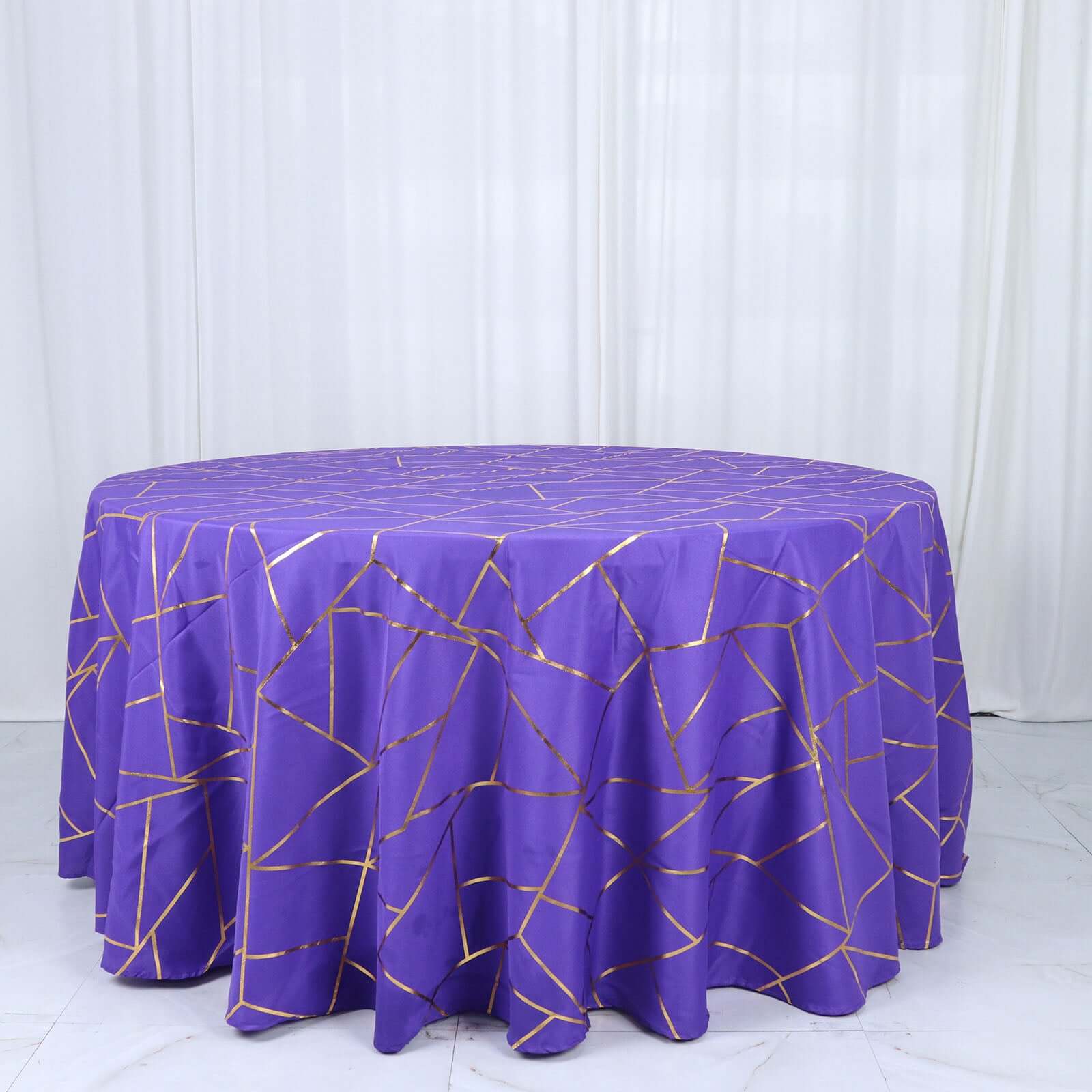 Hot! Wrinkle-Resistant Purple Polyester Round Tablecloth with Gold Foil Geometric Pattern, 120" Dia.
