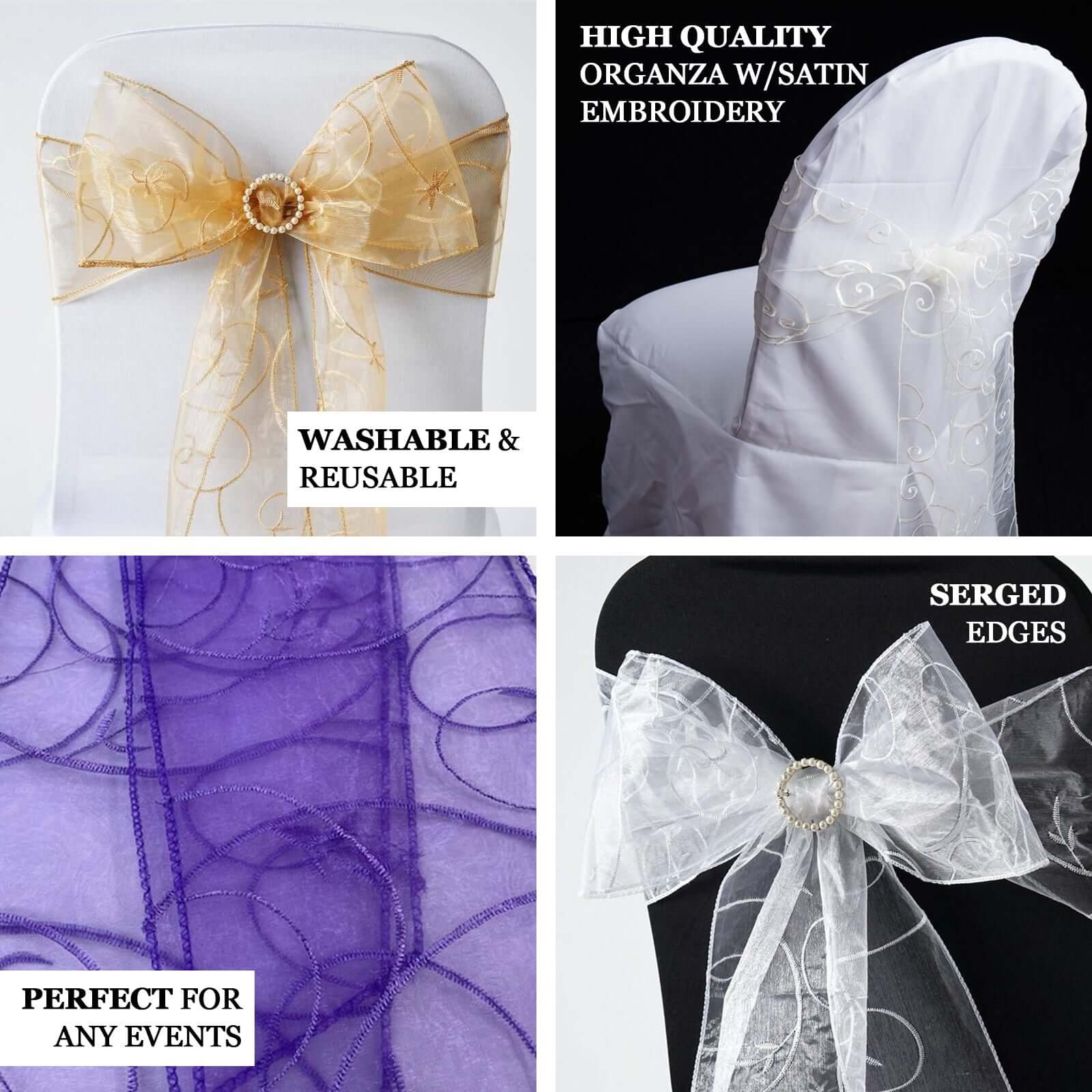 Get 5-Pack Royal Blue Organza Chair Sashes with Satin Leaf Embroidery - Reusable & Sheer 7x108