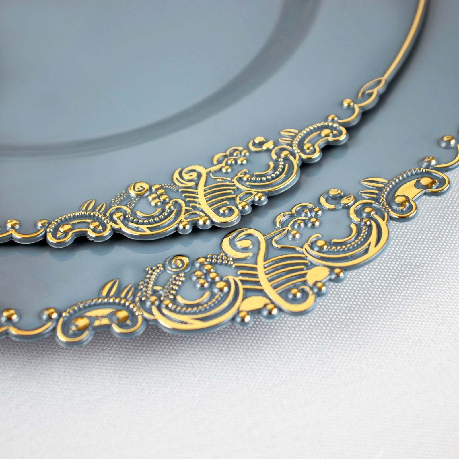 10-Pack Disposable Vintage Baroque Round Dinner Plates in Dusty Blue with Gold Leaf Rim - Great Value!