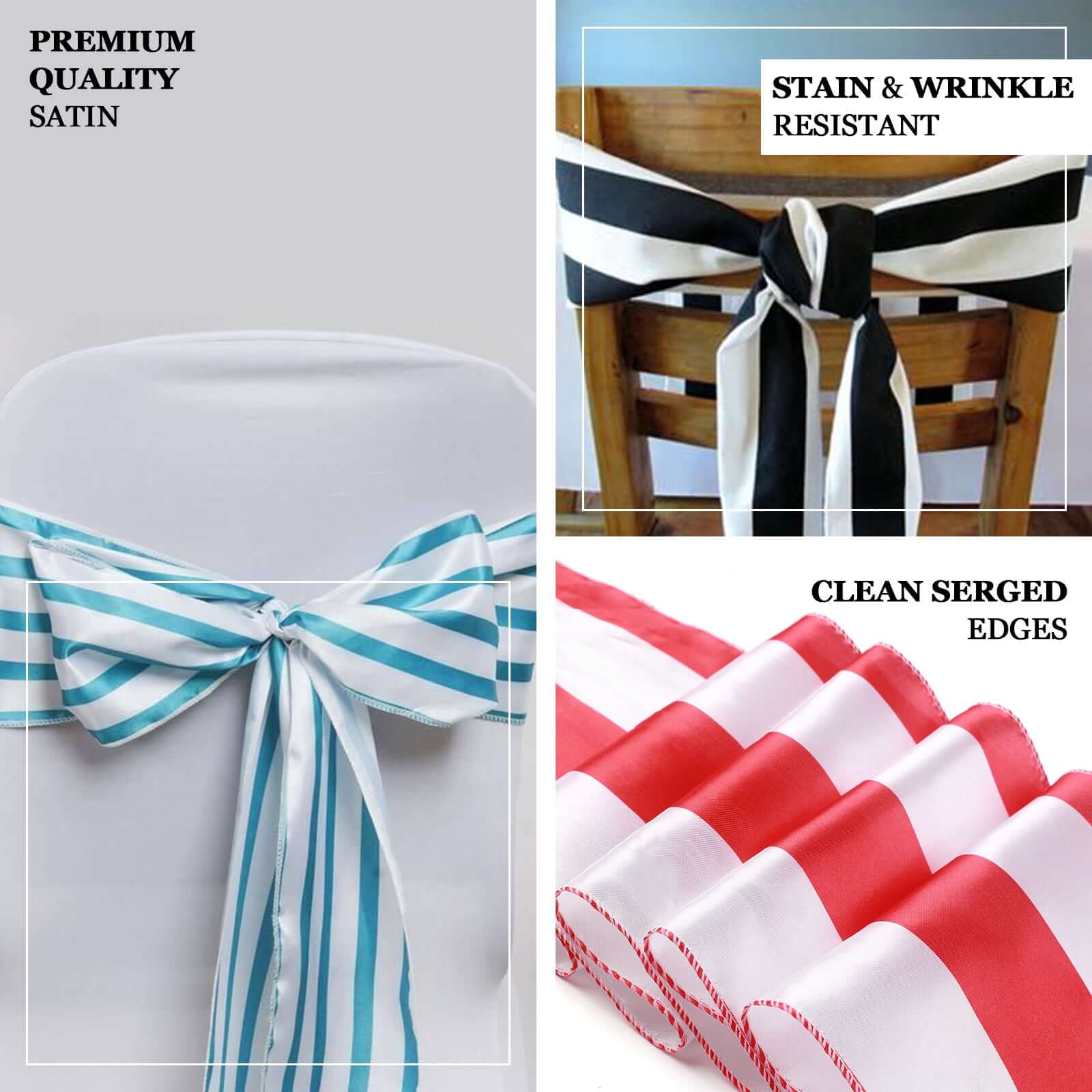 5-Pack Satin Chair Sashes in Black/White Stripes - Ideal Decor for Weddings and Gatherings