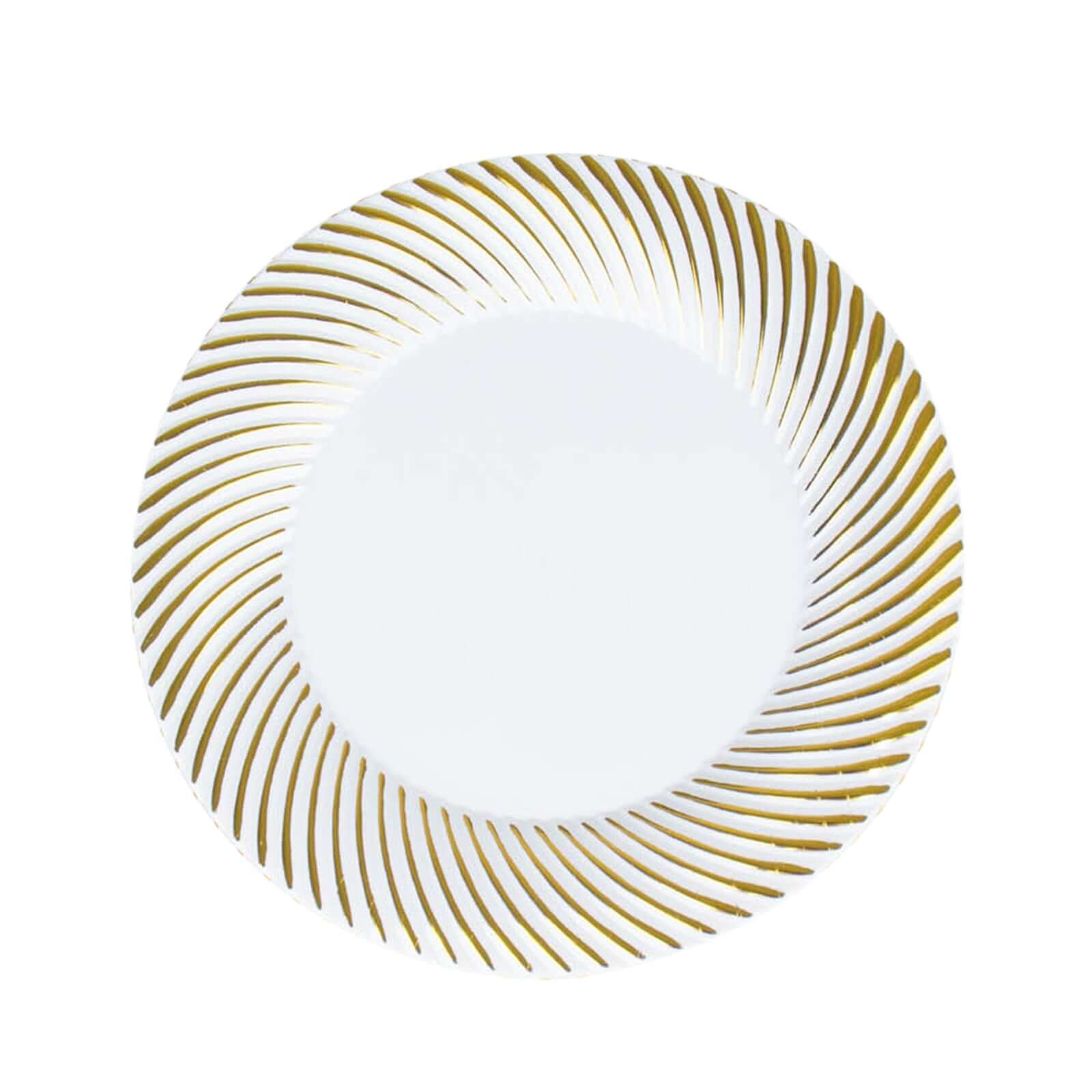 10-Pack Disposable White Plastic Round Dessert Plates with Gold Swirl Rim for Elegant Events