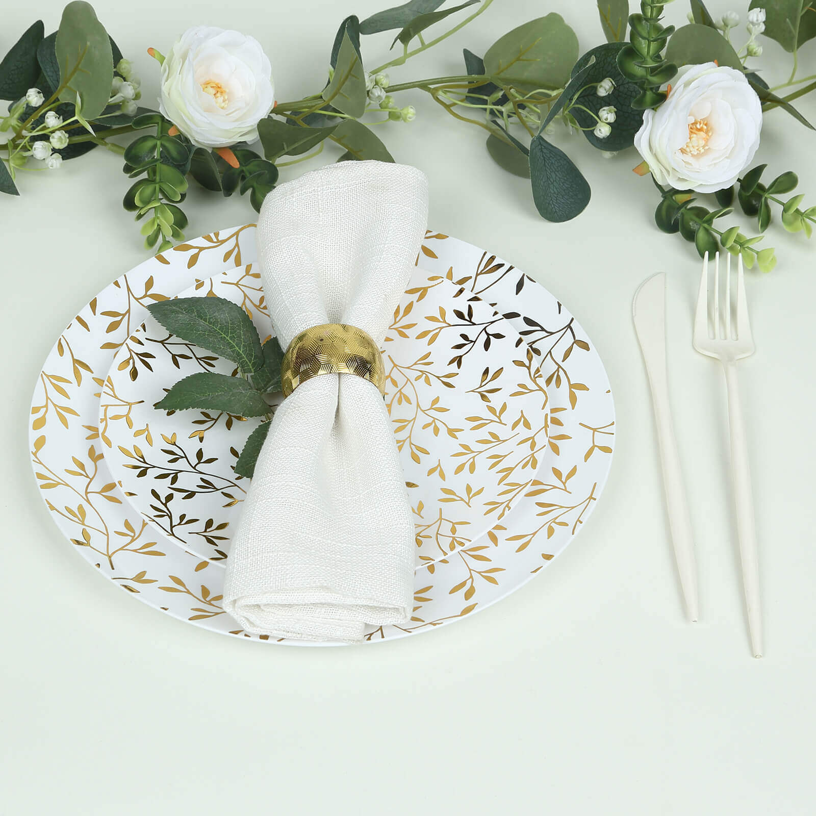 10-Pack Heavy Duty Disposable White Plastic Dinner Plates with Gold Leaf Design - Ideal for Stylish Events