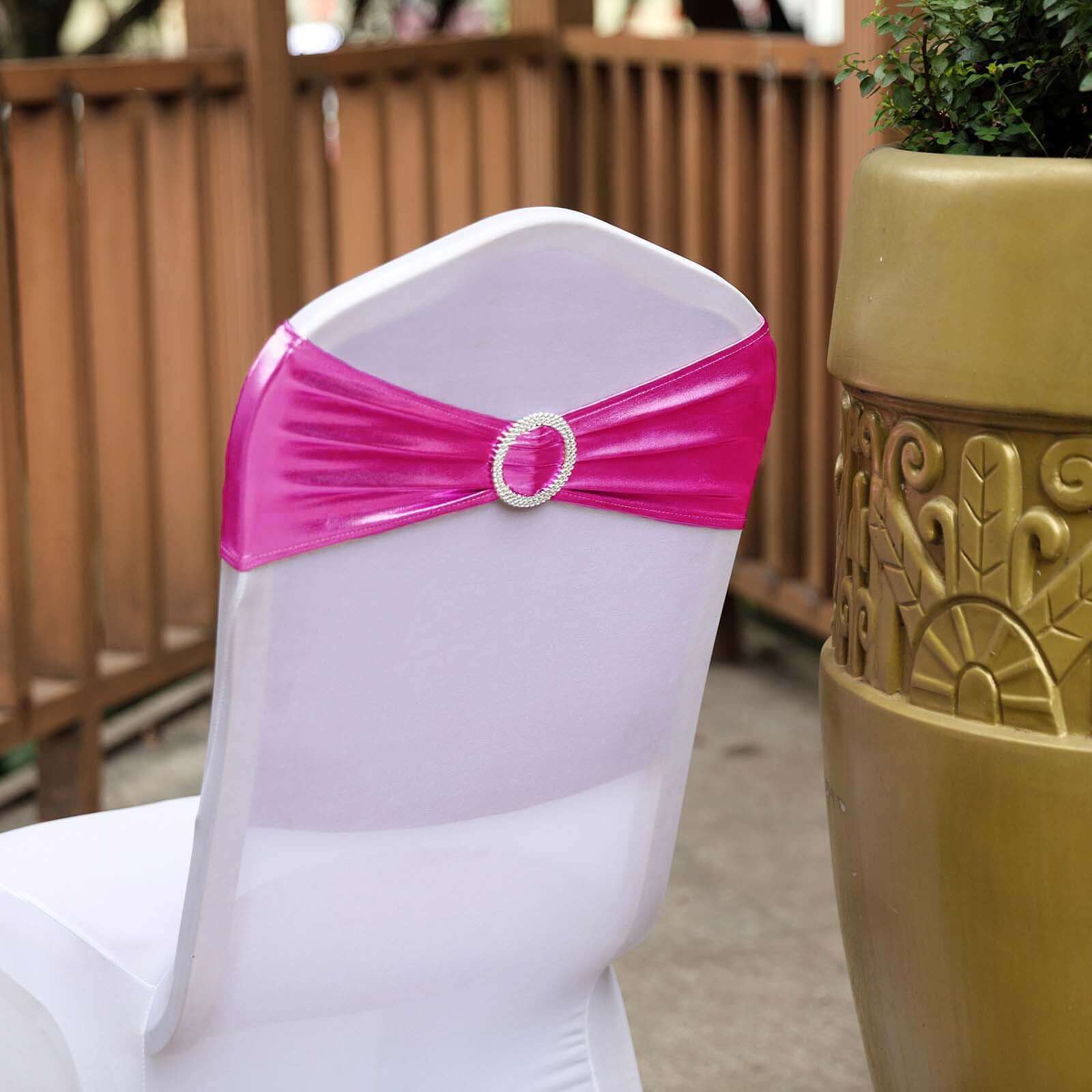 Hot Deal! 5-Piece Set of Fuchsia Metallic Spandex Chair Sashes with Round Diamond Plastic Buckles