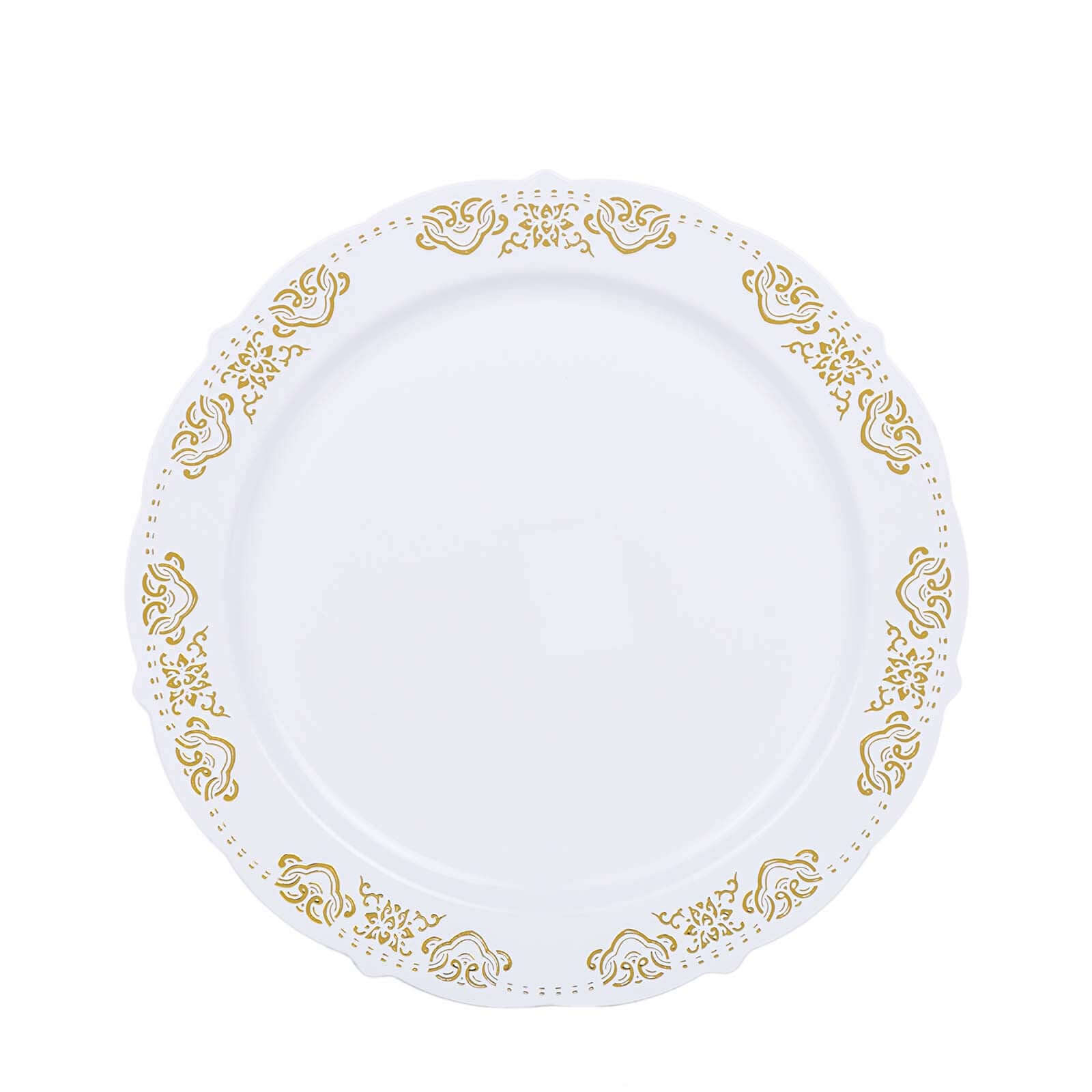 10-Pack White Plastic Round Appetizer Plates with Gold Embossed Scalloped Edge for Special Events