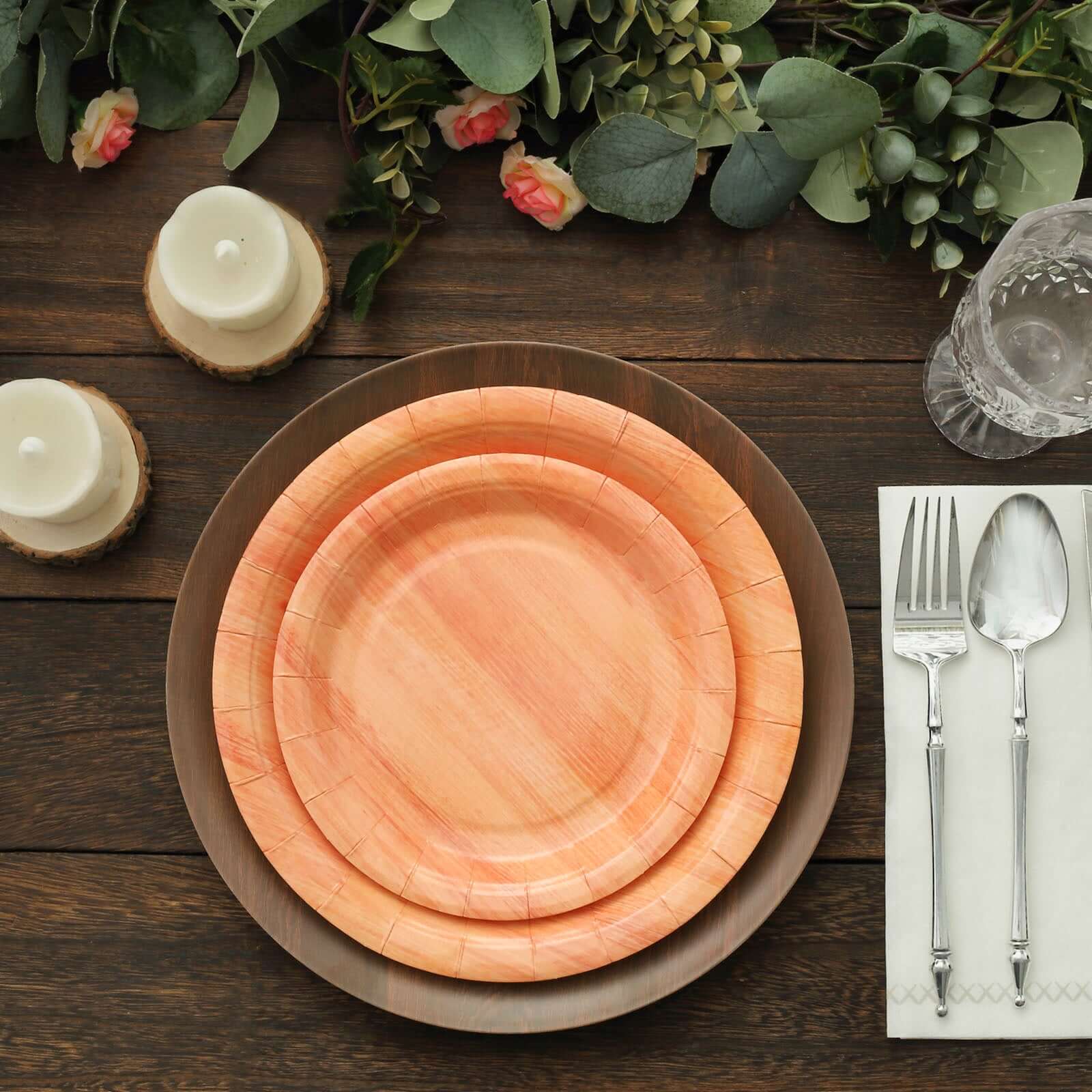 25-Pack 7-Inch Disposable Round Paper Dessert Plates with Natural Wood Grain Print for Rustic Events