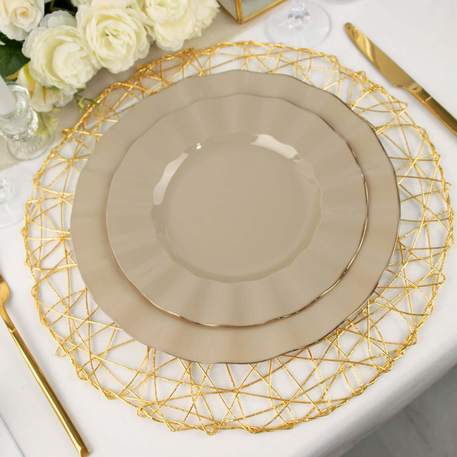 Hot Deal! 10-Pack 9" Taupe Plastic Round Dinner Plates with Gold Ruffled Edges - Sturdy Disposable