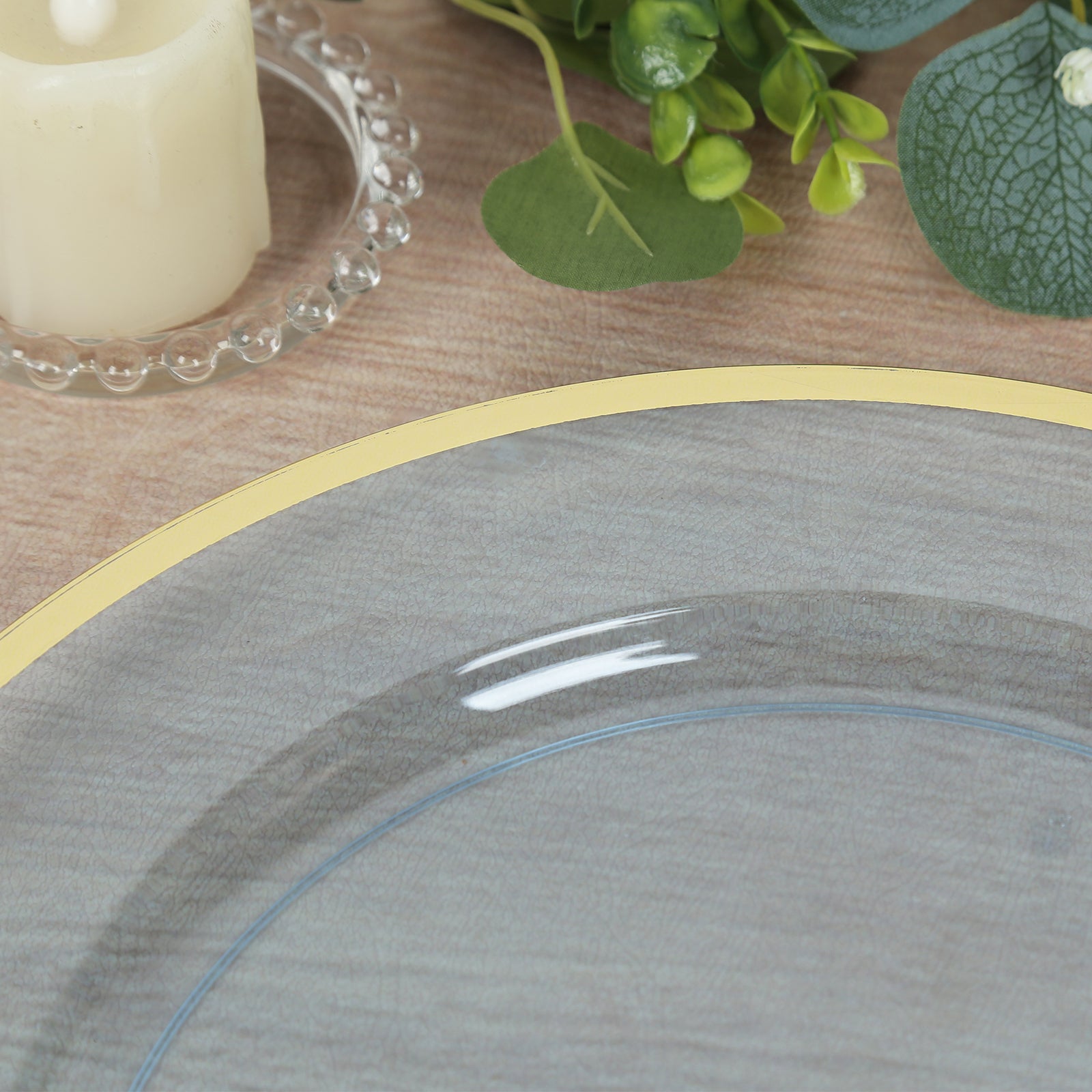 Economy 10-Pack 12-Inch Transparent Dusty Blue Round Plastic Charger Plates with Wide Gold Rim for Party Serving