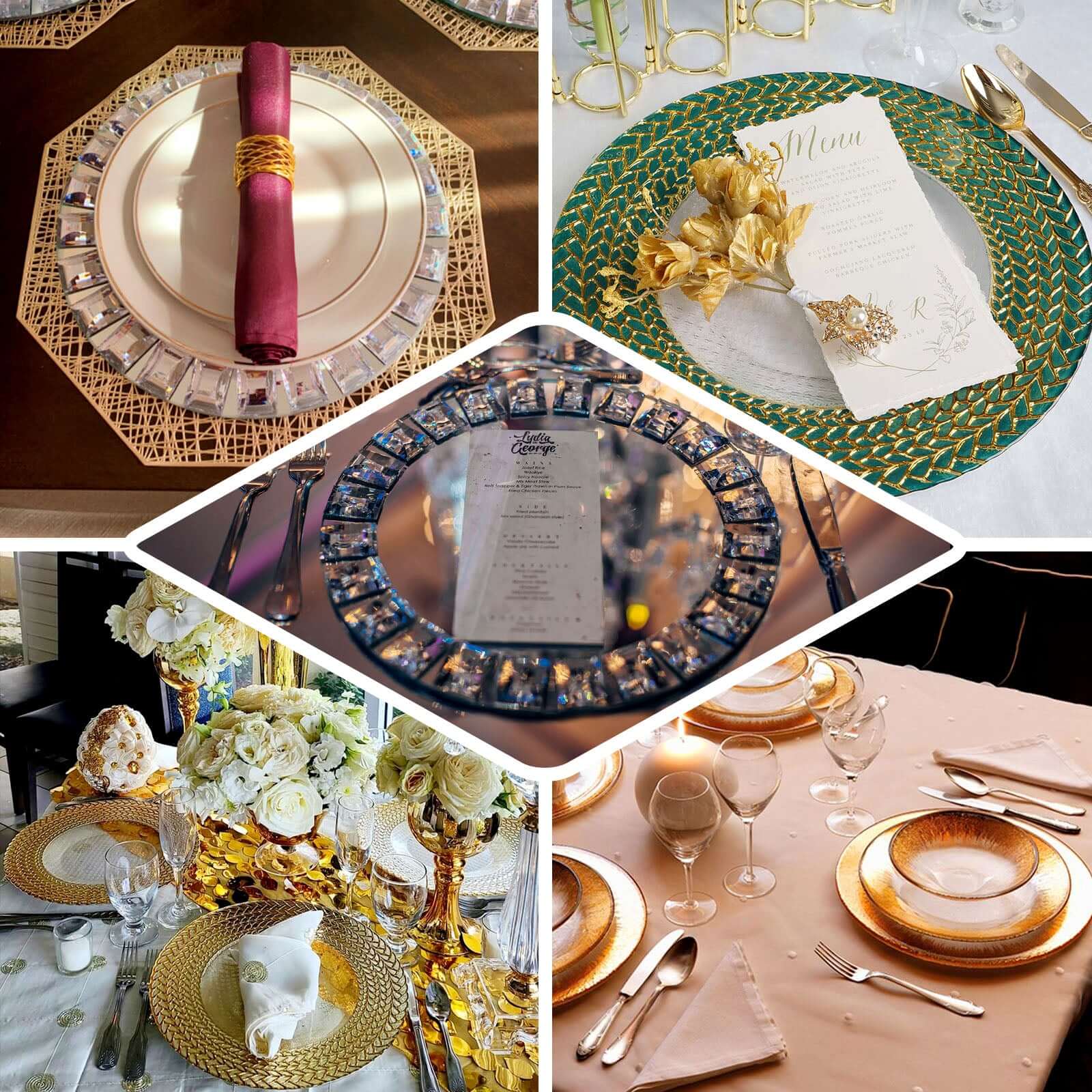Hot Sale! 2-Pack 13-Inch Round Glass Charger Plates with Metallic Gold Mirror Rhinestone Rim for Decor