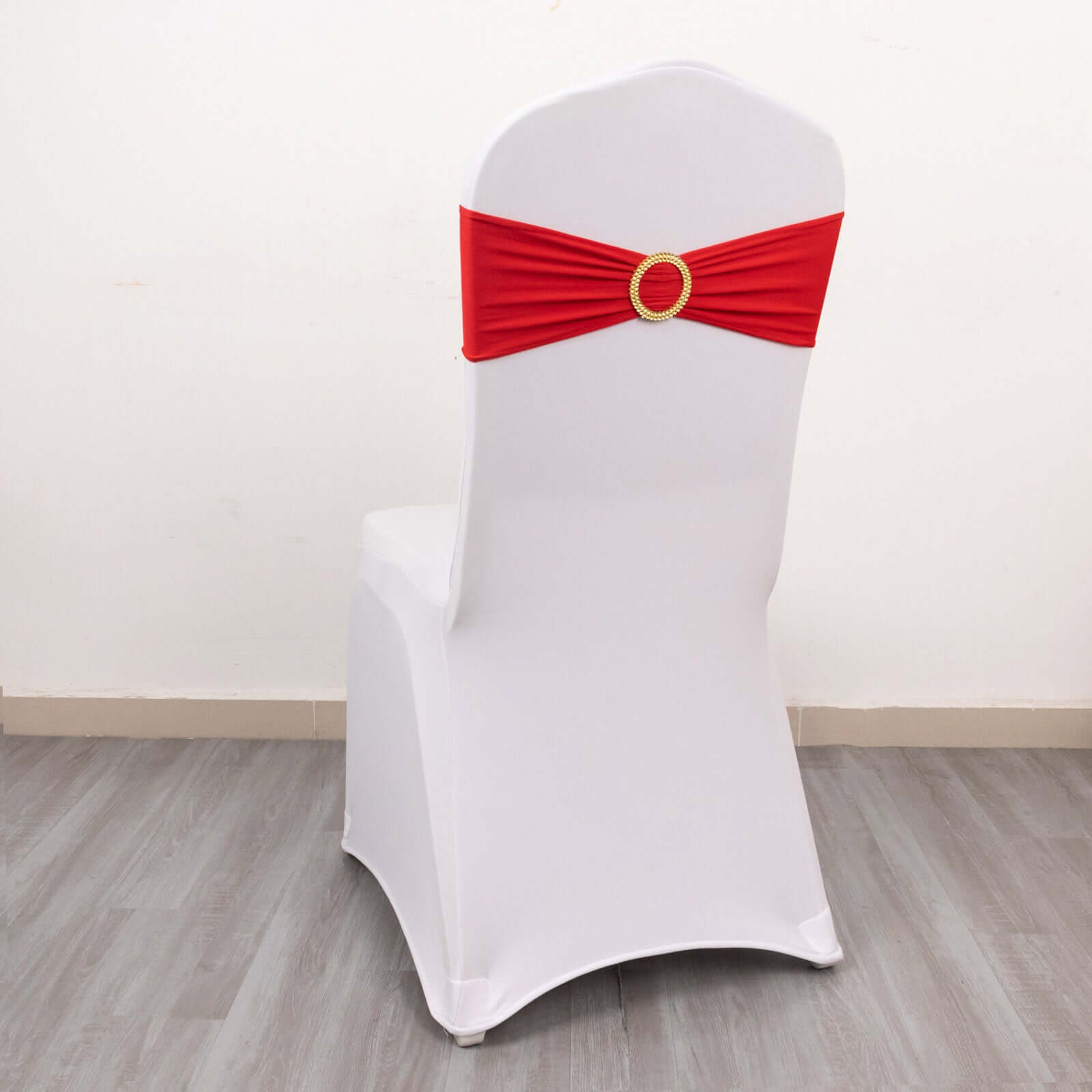 Set of 5 Reusable Red Spandex Chair Sashes with Gold Rhinestone Plastic Buckles, 5x14