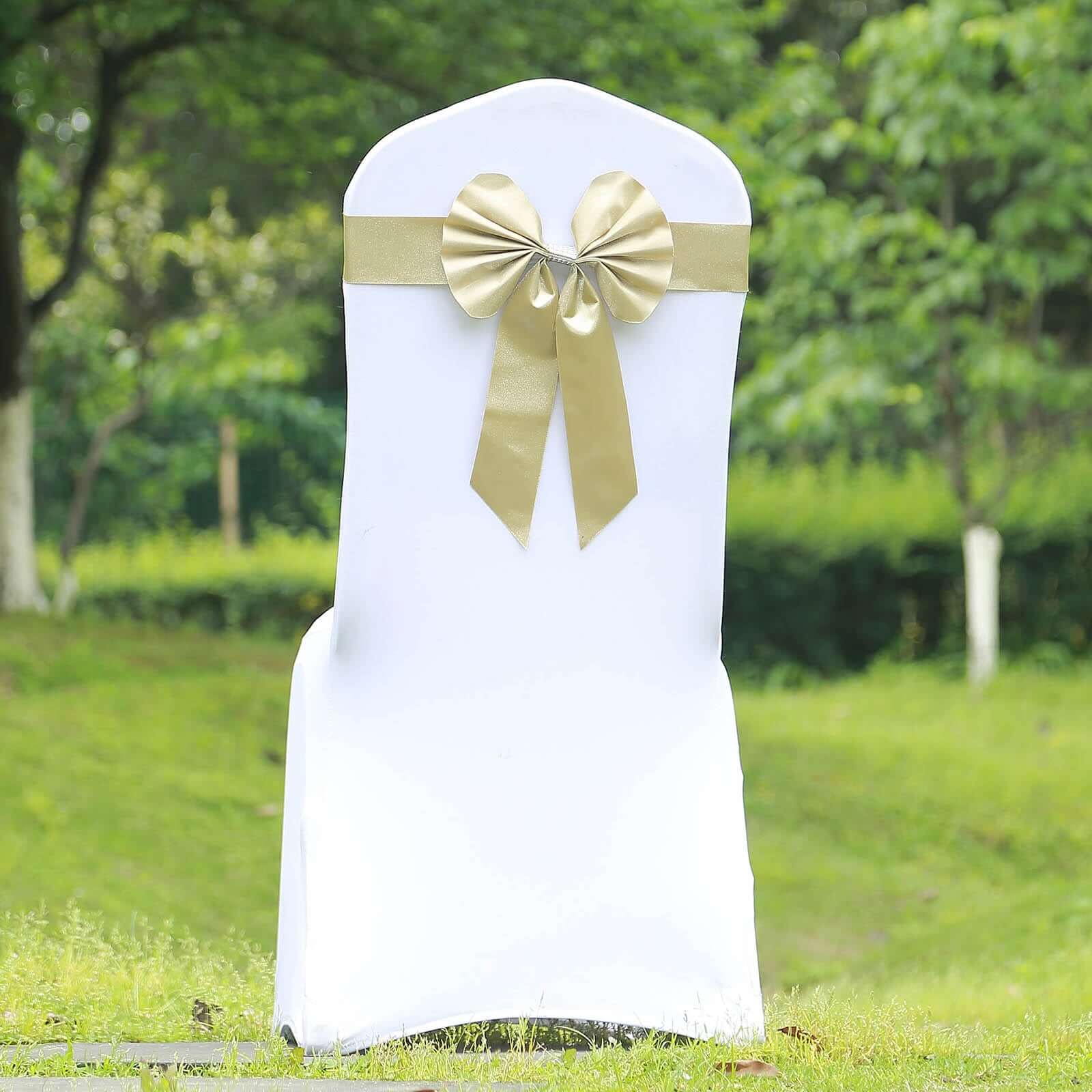 Set of 5 Durable Double-Sided Champagne Satin Faux Leather Chair Sashes with Diamond Rhinestone Buckles