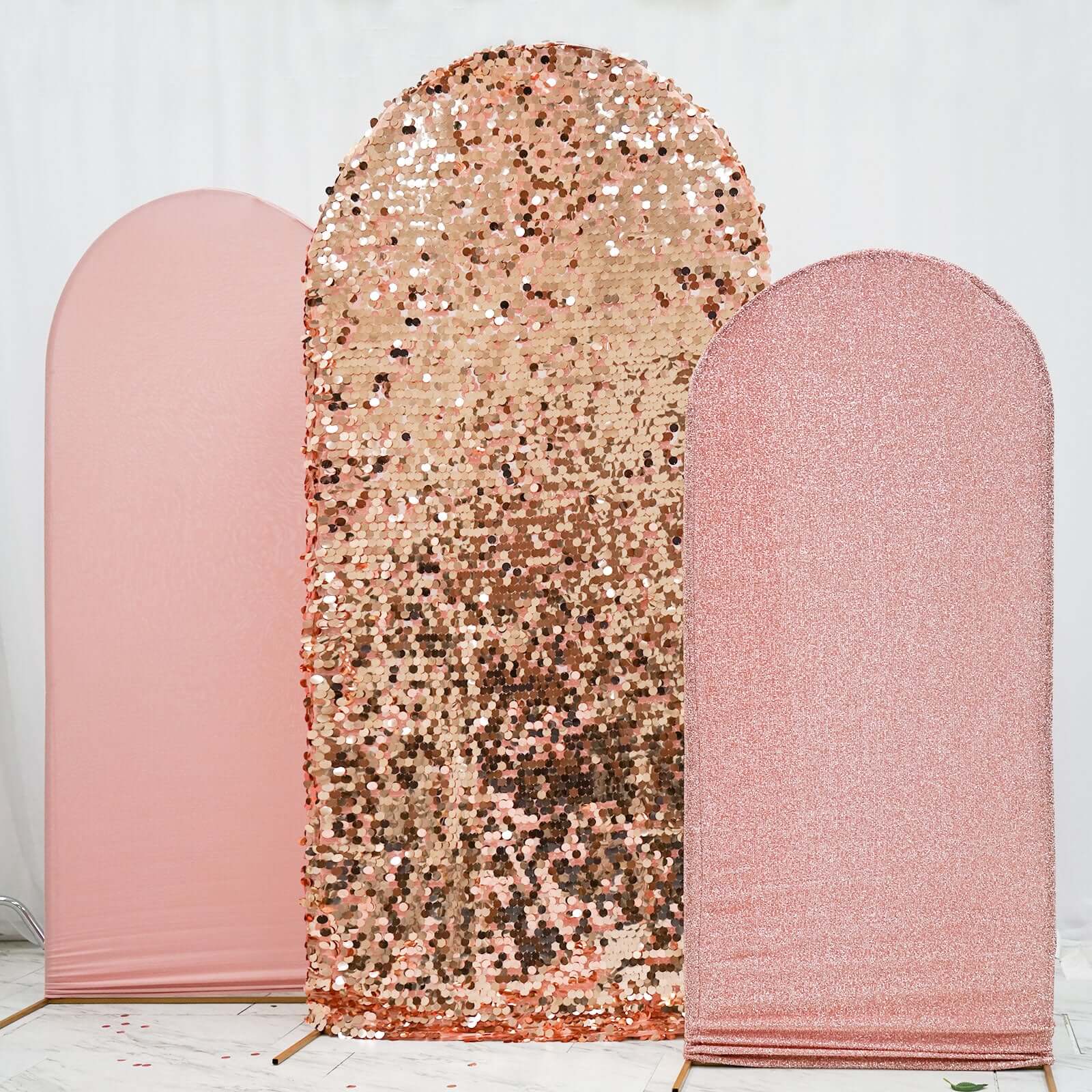 3-Piece Rose Gold Wedding Arch Frame Covers: Sequin, Tinsel & Spandex