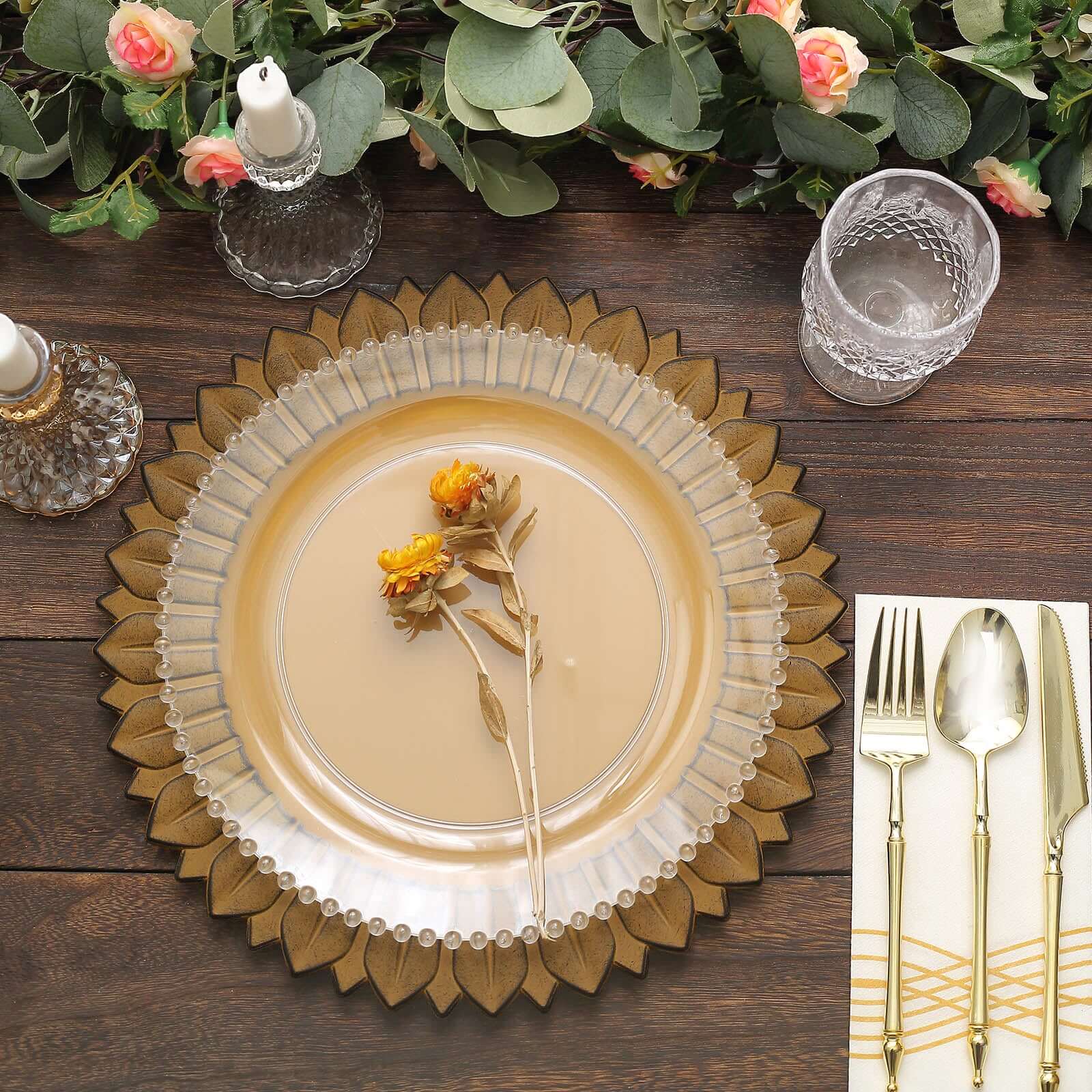 6-Piece Set of 13-Inch Matte Mustard Yellow Plastic Round Charger Plates with Sunflower Rim