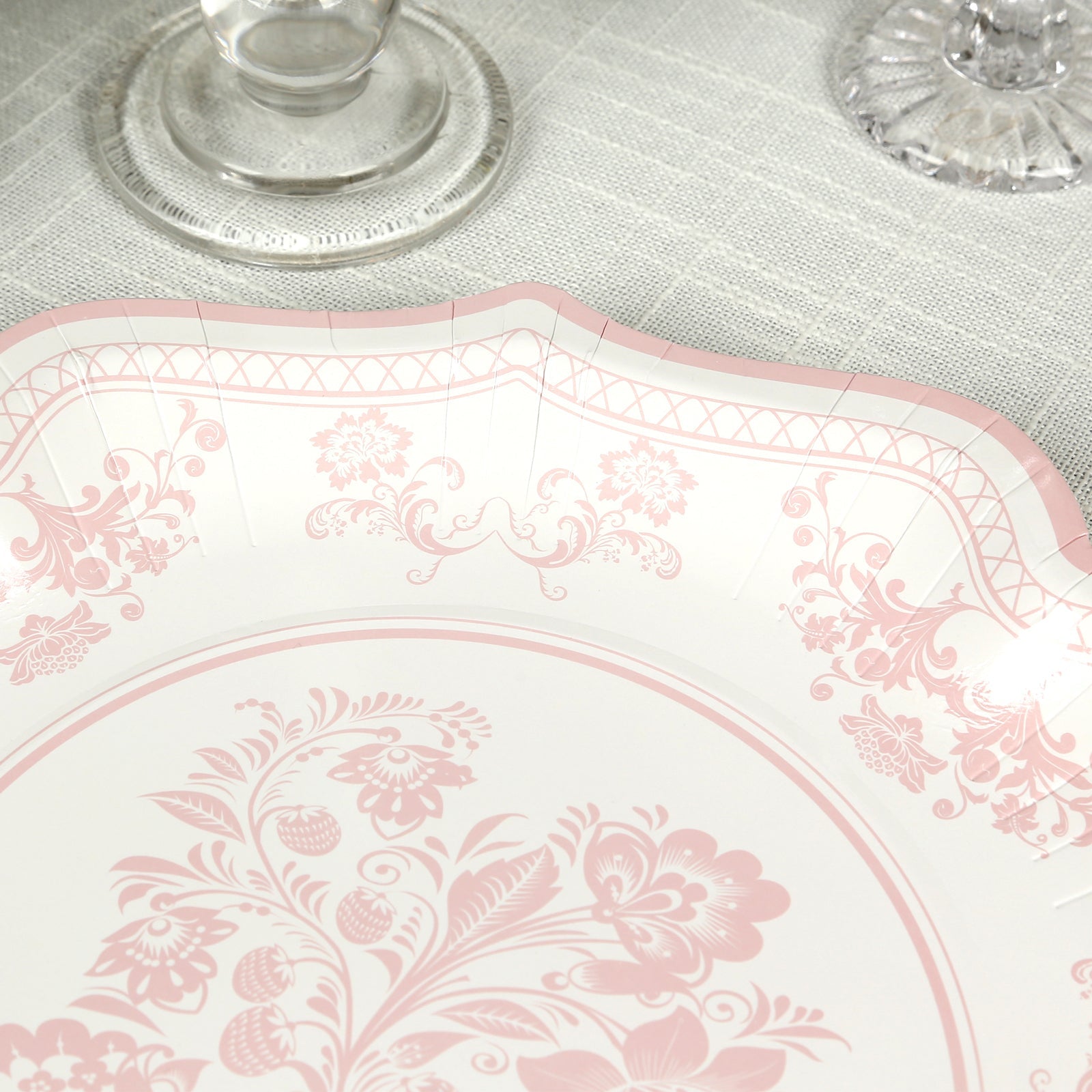 Get 25-Pack of Elegant White Disposable Paper Dessert Plates with Pink Floral Damask Print & Scallop Rim