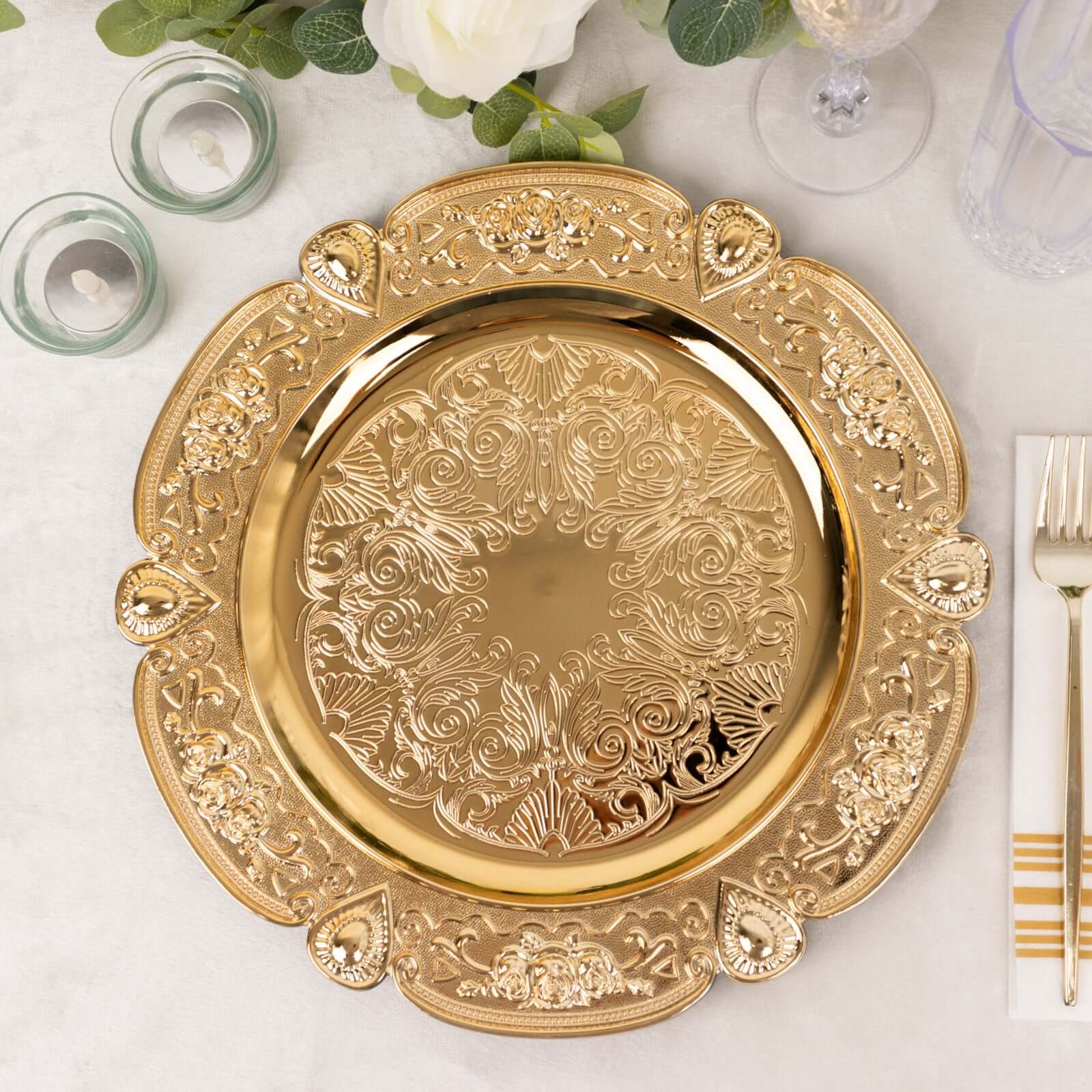 Hot Sale! 6-Pack 13-inch Gold Floral Embossed Acrylic Charger Plates with Scalloped Rim
