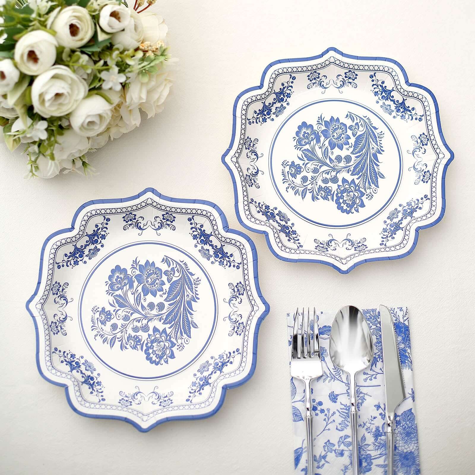 25-Pack Disposable White Paper Salad Plates with Light Blue Damask Floral Print and Scallop Rim