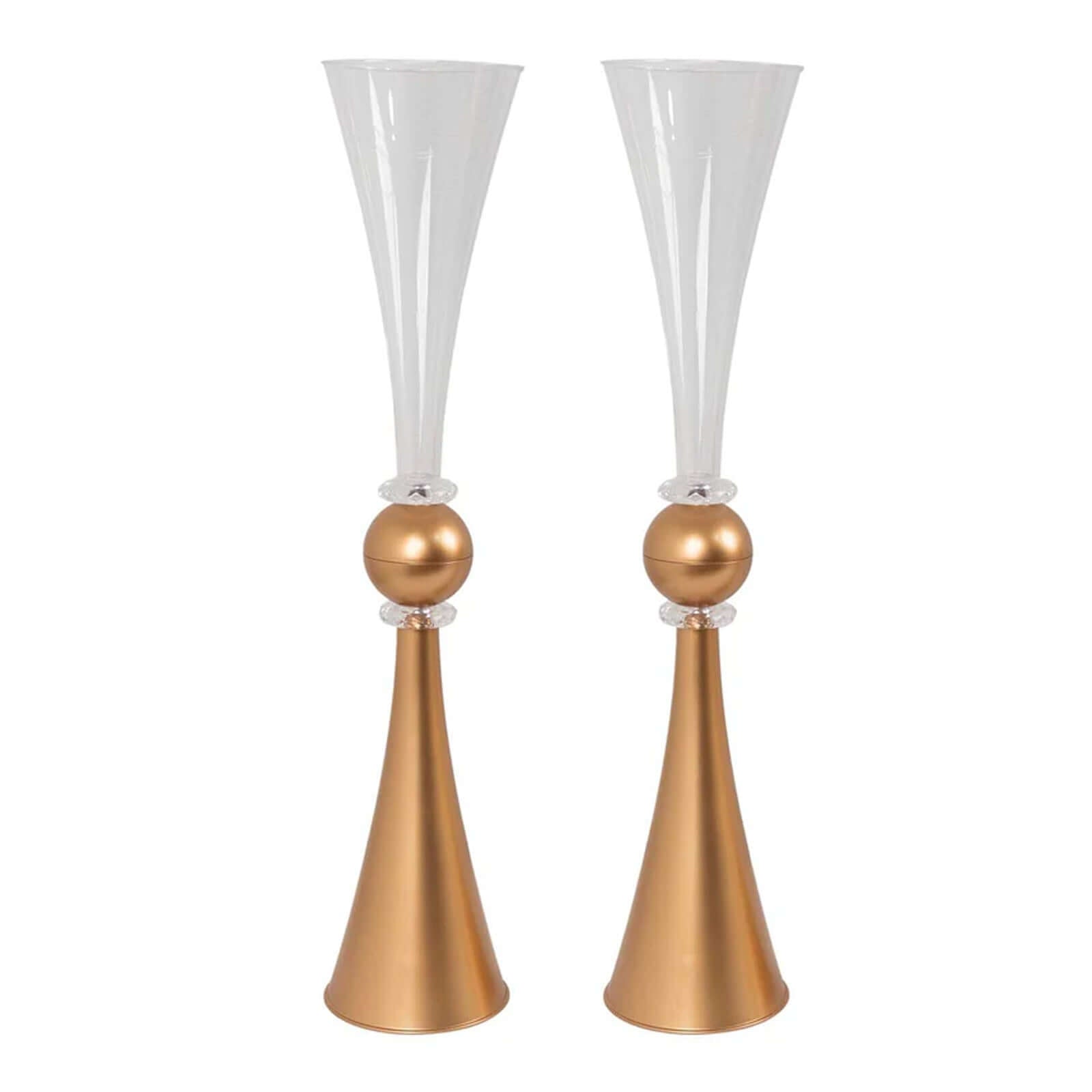 Hot Deal! 2-Pack Reversible Plastic Trumpet Flower Vases with Crystal Embellishments in Clear and Gold for Events
