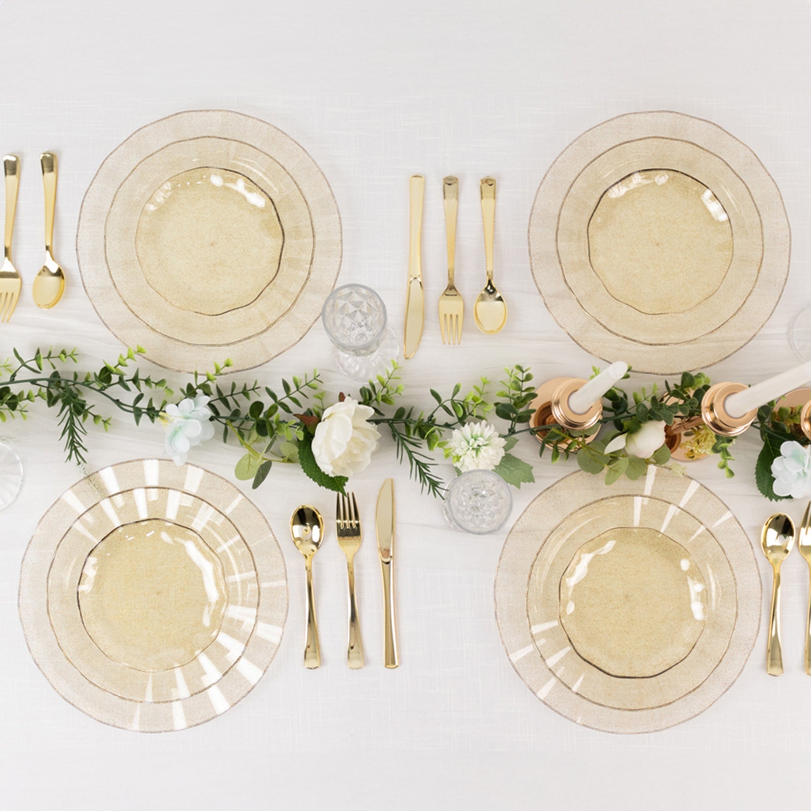 10-Piece Set of Disposable Gold Glitter Plastic Round Dessert Plates with Ruffled Rim