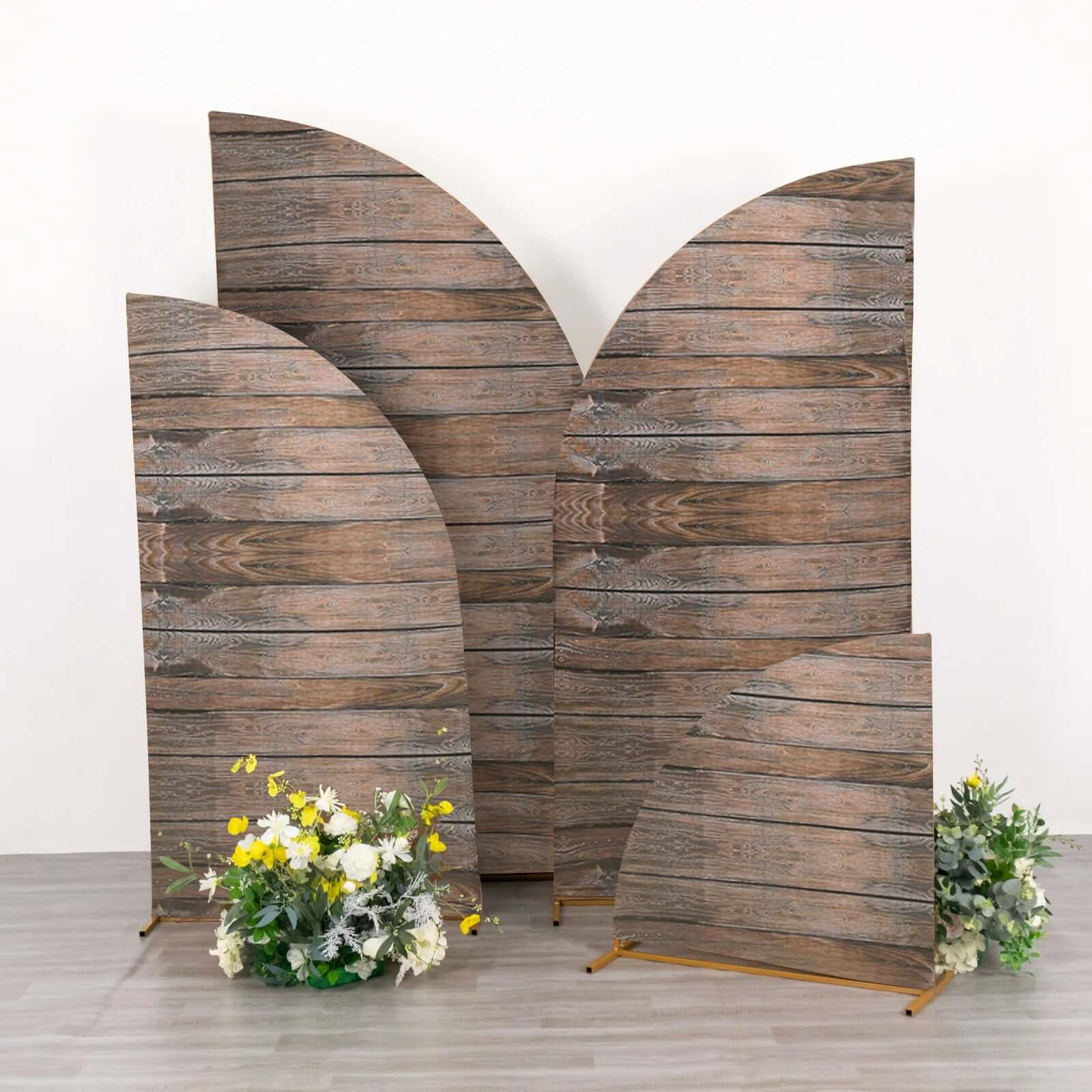 Set of 4 Brown Spandex Wedding Arch Covers with Rustic Wood Design, for Half Moon Stands