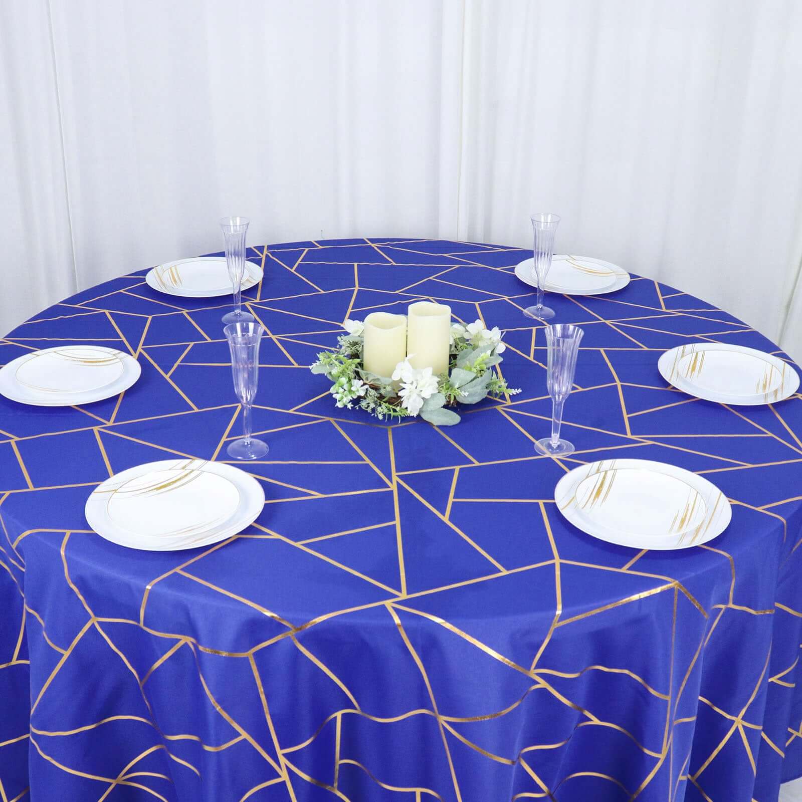 Wrinkle-Resistant Seamless Royal Blue Polyester Round Tablecloth with Gold Foil Geometric Design, 120' Dia.