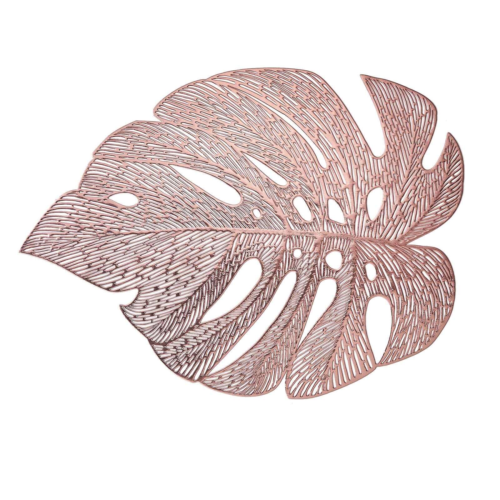 6-Piece Rose Gold Monstera Leaf Design Vinyl Dining Table Mats - Non-Slip for Tropical Decor