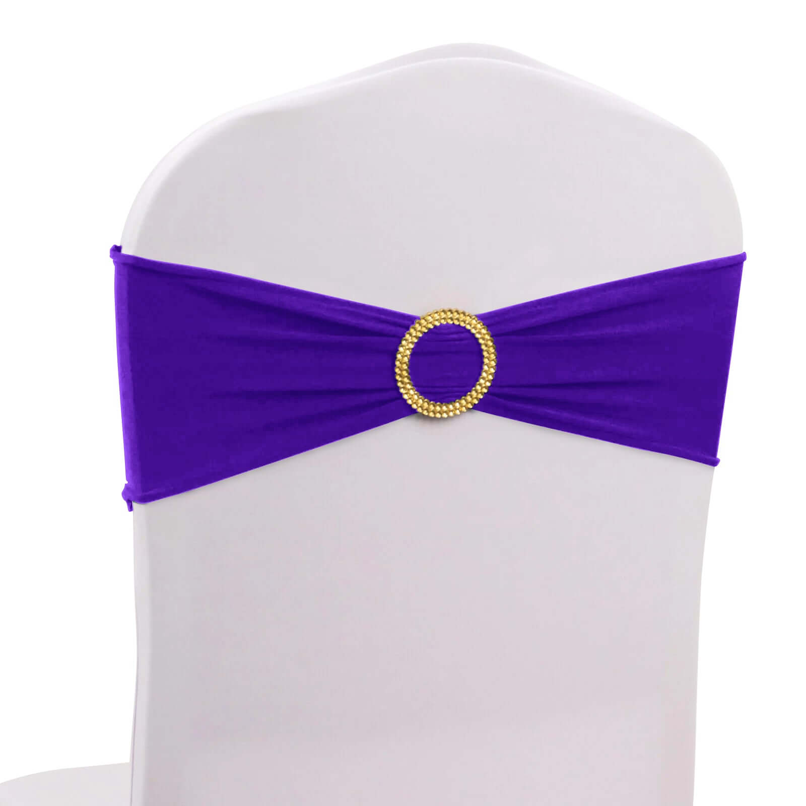 5-Pack Purple Spandex Chair Sashes with Gold Rhinestone Buckles - Reusable Four-Way Stretch Decor