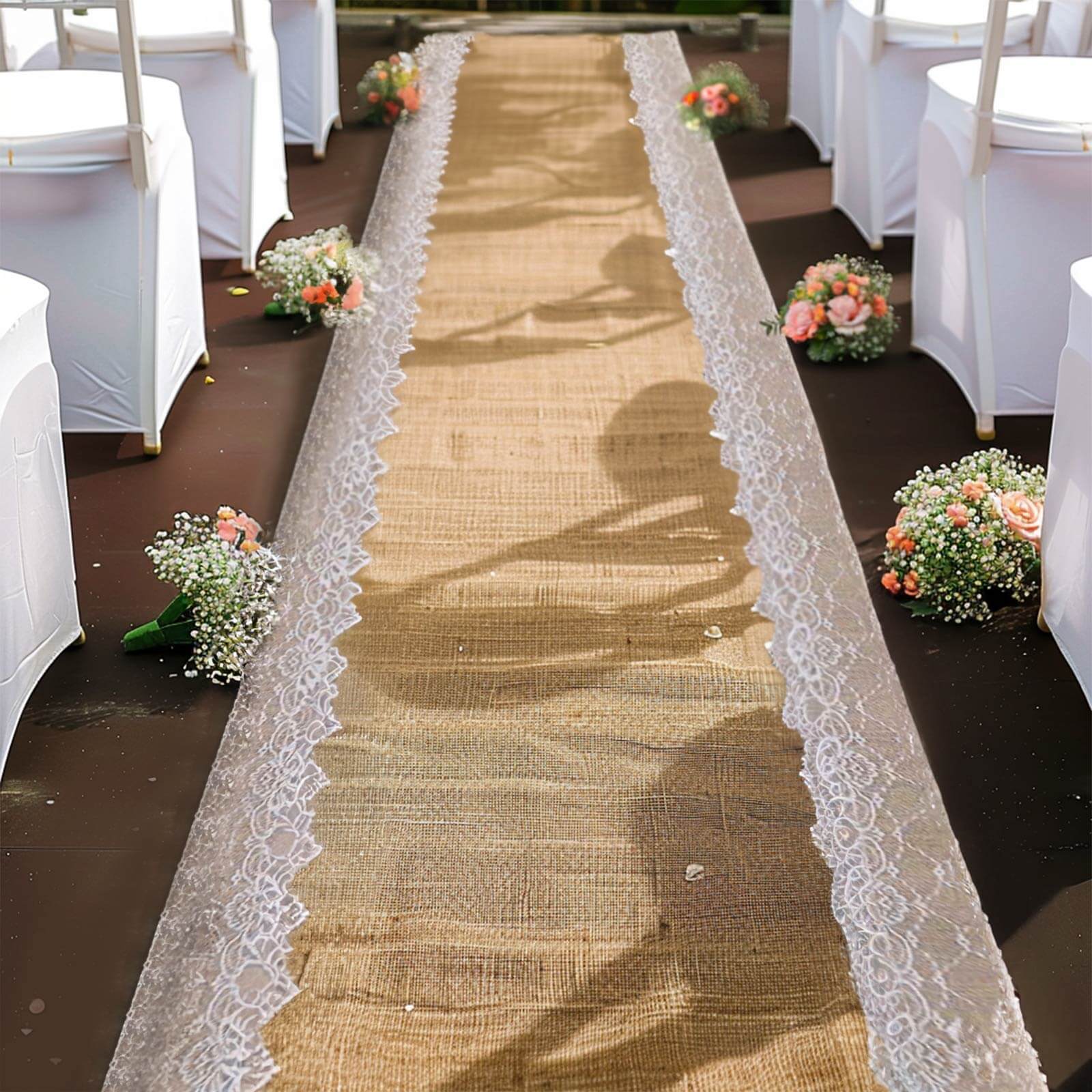 Get This Stunning 30ft Natural Jute Burlap Aisle Runner with Elegant White Floral Lace Borders