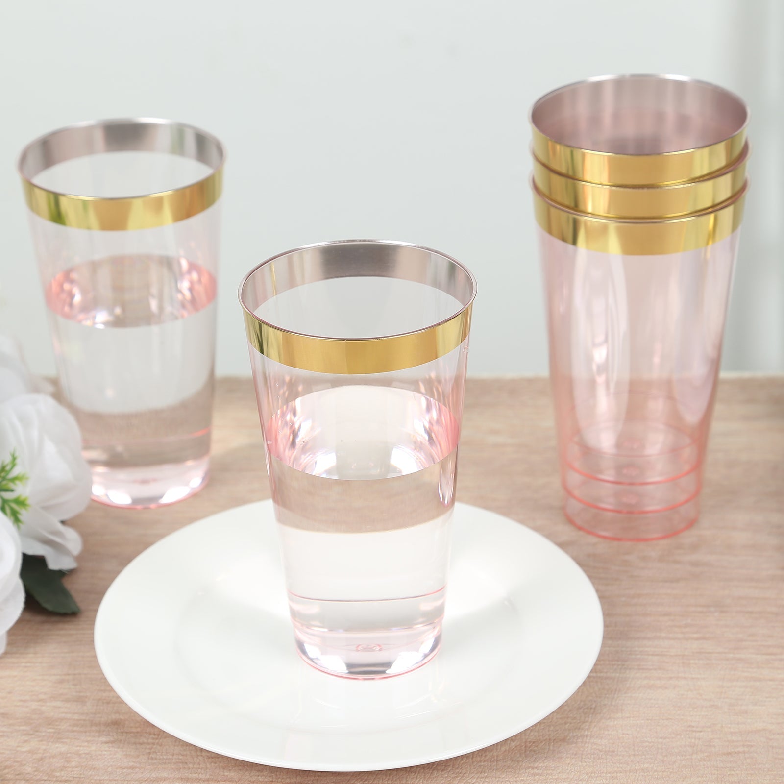 Hot Deal! 12-Pack 17oz Durable Disposable Plastic Party Cups with Transparent Blush and Gold Rim
