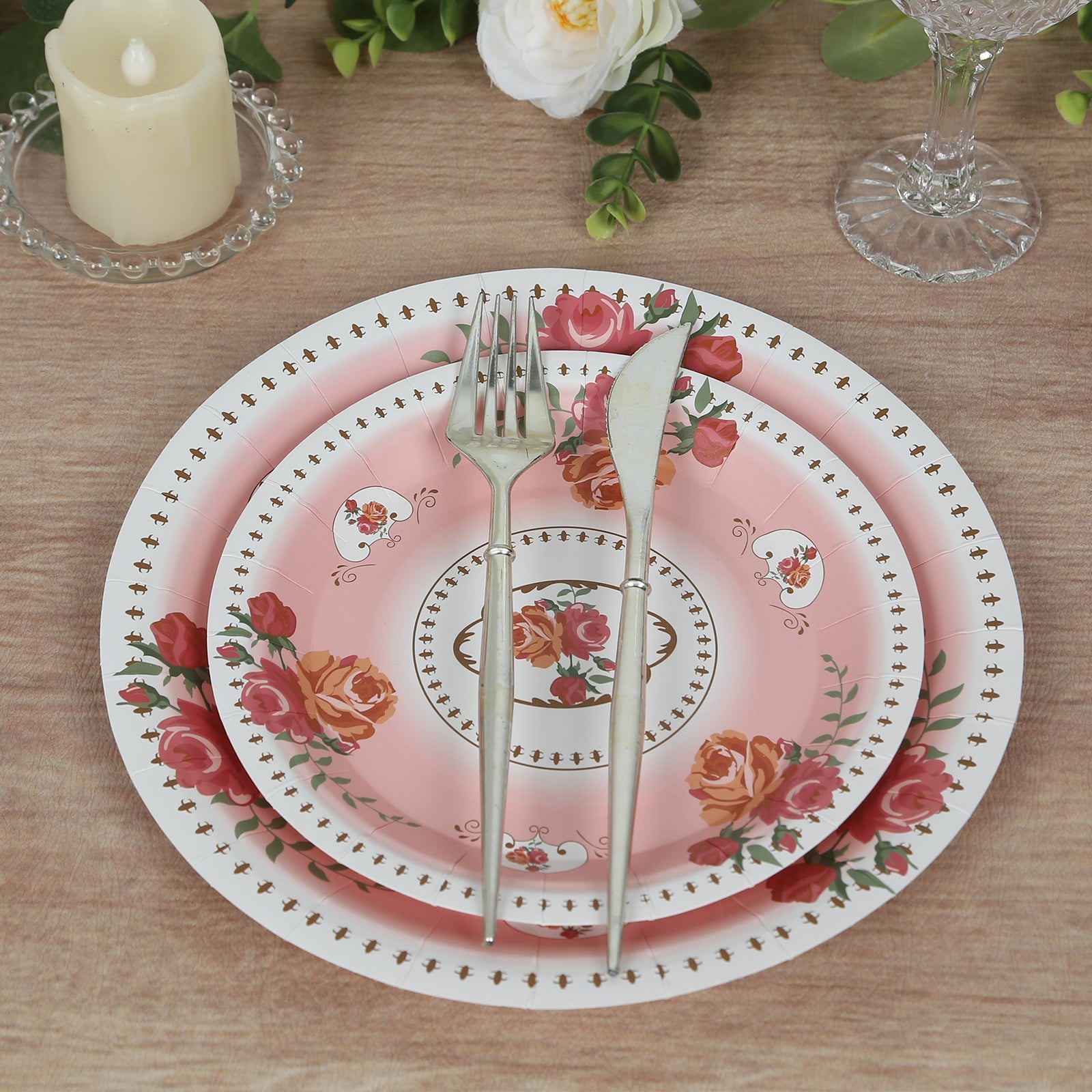 25-Piece Set of 7-Inch Dusty Rose Disposable Paper Dessert Plates with Vintage Rose Prints