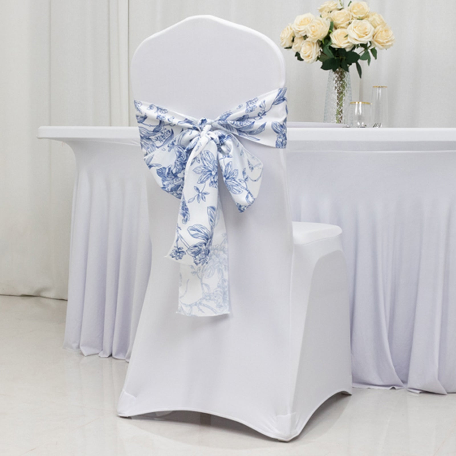 Wrinkle-Resistant Polyester Chair Sashes in White/Blue French Toile Floral Design for Weddings & Banquets