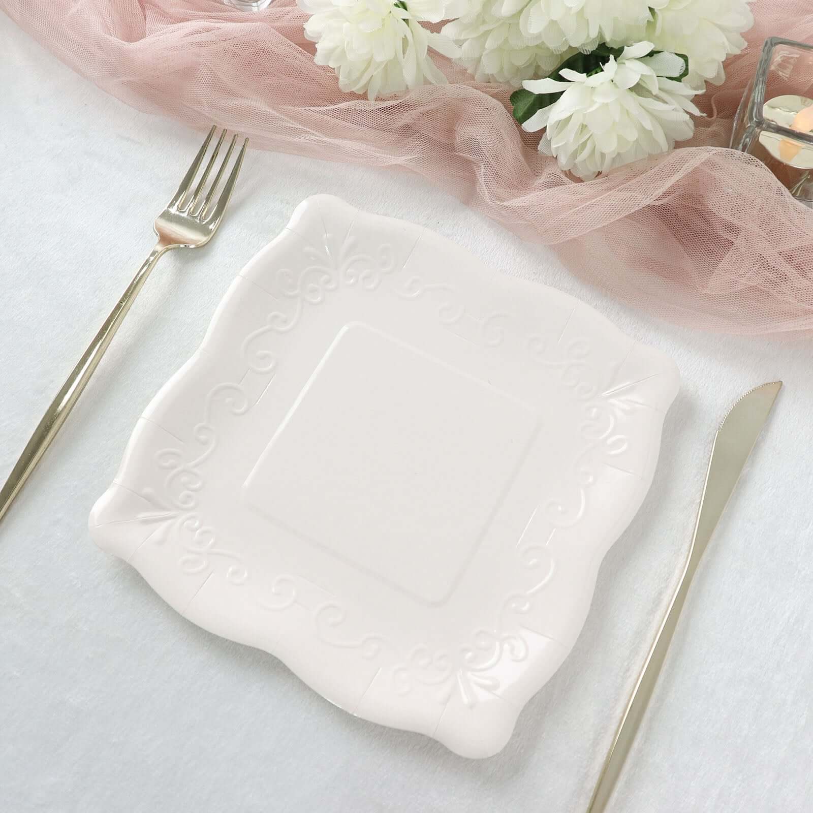 25-Pack White Square 7-Inch Disposable Dessert Plates with Vintage Pottery Embossed Design - Ideal for Special Events